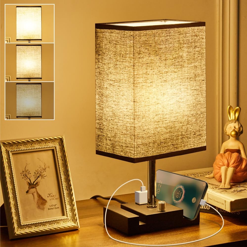 Lifeholder Fully Dimmable Nightstand Lamp For Bedroom With Ac Outlet, Table Lamp With Two Phone Stands, Bedside Lamps, Desk Lamp For Bedroom, Living Room, Led Bulb Included Black