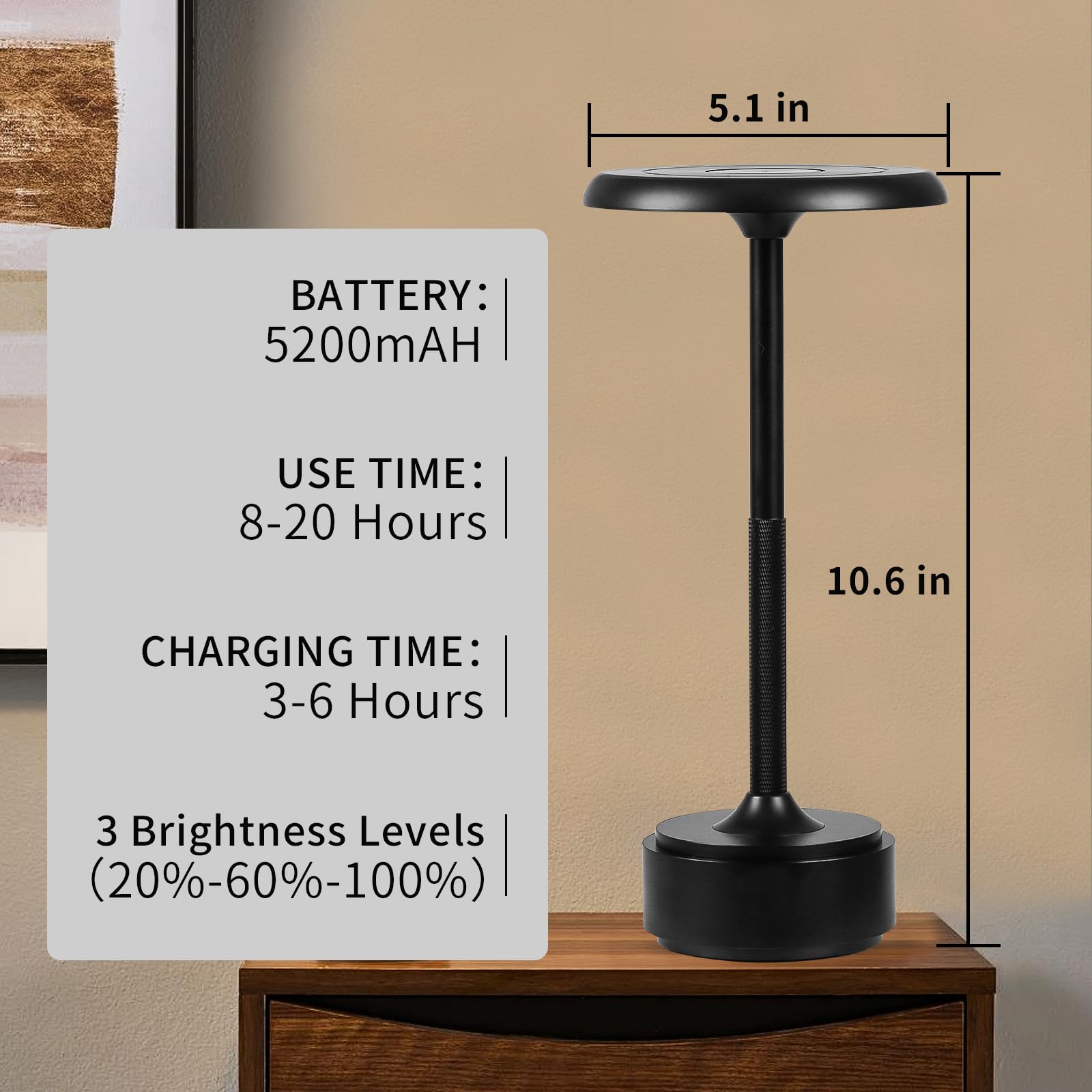 Yyxgoob Cordless Portable Led Table Lamp， Rechargeable Battery Operated Desk Lamp With Touch Sensor Three-Level Dimmable Suitable For Home Office Bedroom Hotel Room Restaurant Outdoo (Black) (Black)