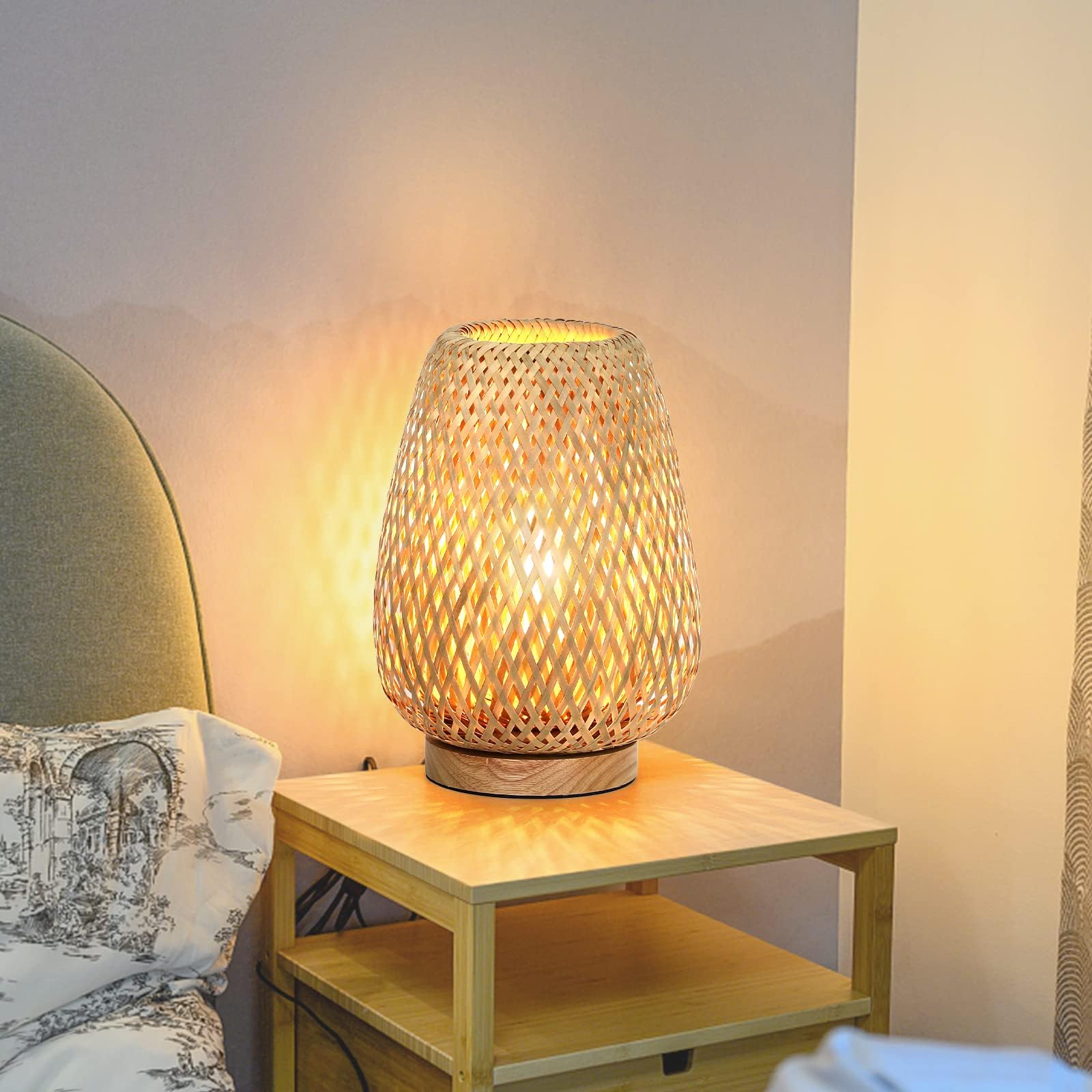 Brightever Rattan Table Lamp, Stepless Dimmable Small Beside Lamp, Vintage Wicker Wooden Nightstand Boho Bamboo Woven End Table Lamps For Bedroom Living Room Desk Kids Room, 2700K T45 Led Bulb Included