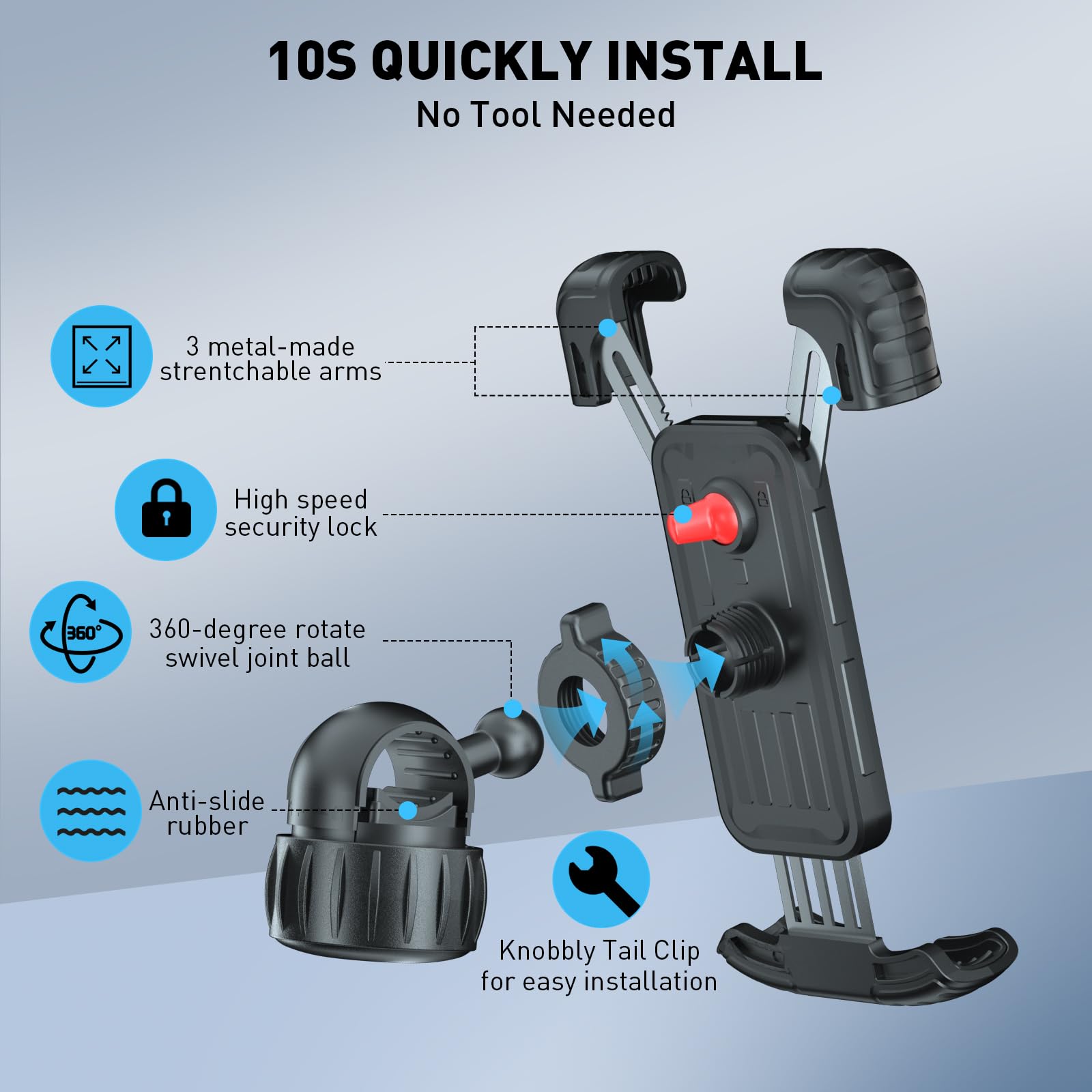Hiboy Bike Phone Holder, 360° Rotation Adjustable Motorcycle Phone Mount,Bicycle Scooter Handlebar Phone Clip For 5.1" - 6.8" Smartphones