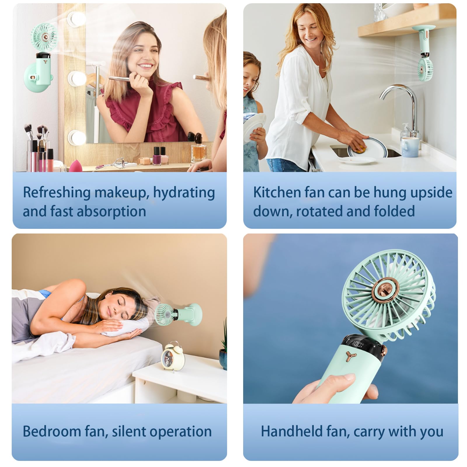 Mini fan with 360° rotation, 5-speed settings, and long battery life for travel and outdoor use