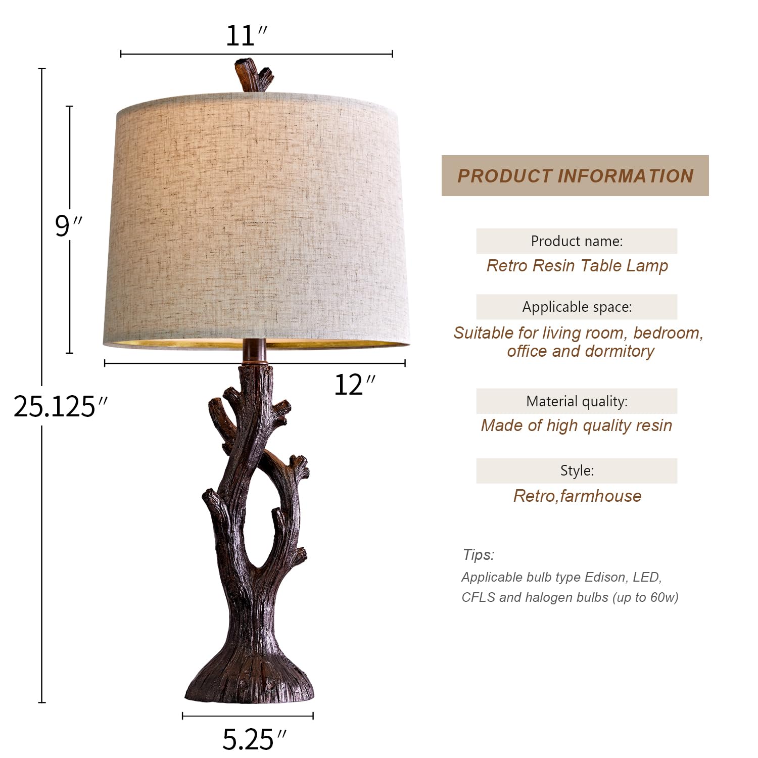 Oyears 25" Farmhouse Table Lamp Set Of 2 For Living Room Bedroom Resin Bedside Tree Lamp Nightstand End Table Lamps Vintage Natural Style