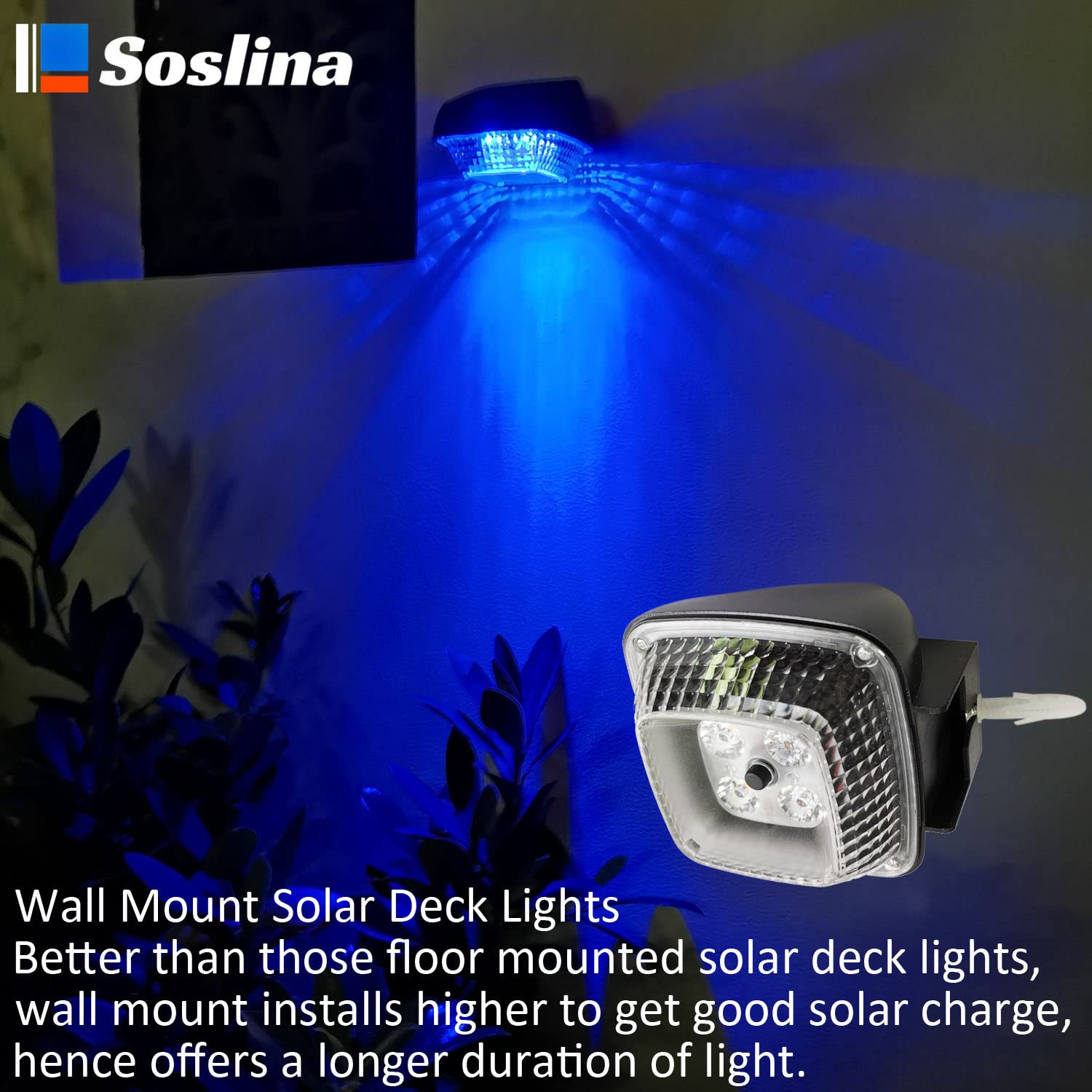 Soslina 4 Pack Solar Step Lights Outdoor Waterproof, Solar Wall Lights Outdoor, Last All Night, Solar Fence Lights For Fence Garden Step Yard Decking Patio (Blue)