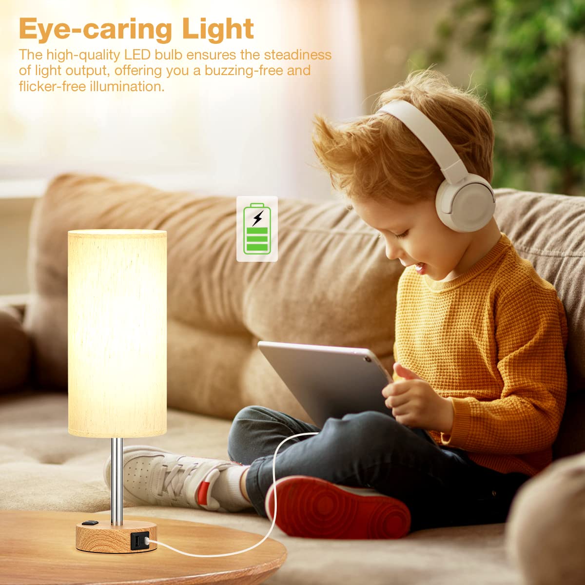 Fenmzee Bedside Table Lamp For Bedroom - 3 Way Dimmable Touch Lamp Usb C Charging Ports And Ac Outlet, Small Lamp Wood Base Round Flaxen Fabric Shade For Living Room, Desk, Led Bulb Included