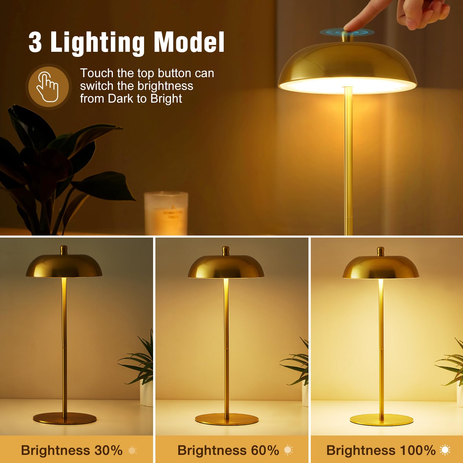 Ejiaxin Cordless Table Lamp Rechargeable - Battery Operated Adjustable Height Led Desk Lamp 3 Way Dimmable Touch Nightstand Reading Lamp - Small Bedside Table Lamp For Dorm Home Bedroom Office Gold