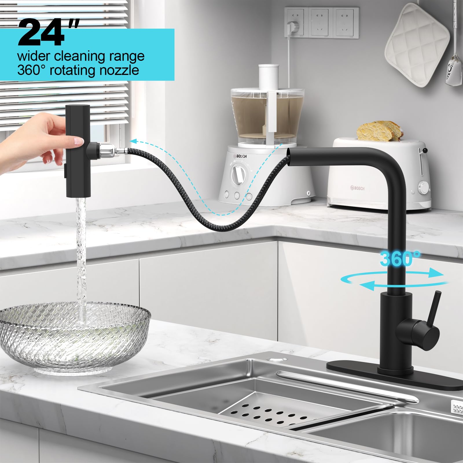 Avsiile Matte Black Single Hole Kitchen Faucets With Pull Down Sprayer, Single Handle, High Flow Water, Pull Out Tap, Stainless Steel Sink Faucet, Suitable For Farmhouse Camper Laundry Rv Bar