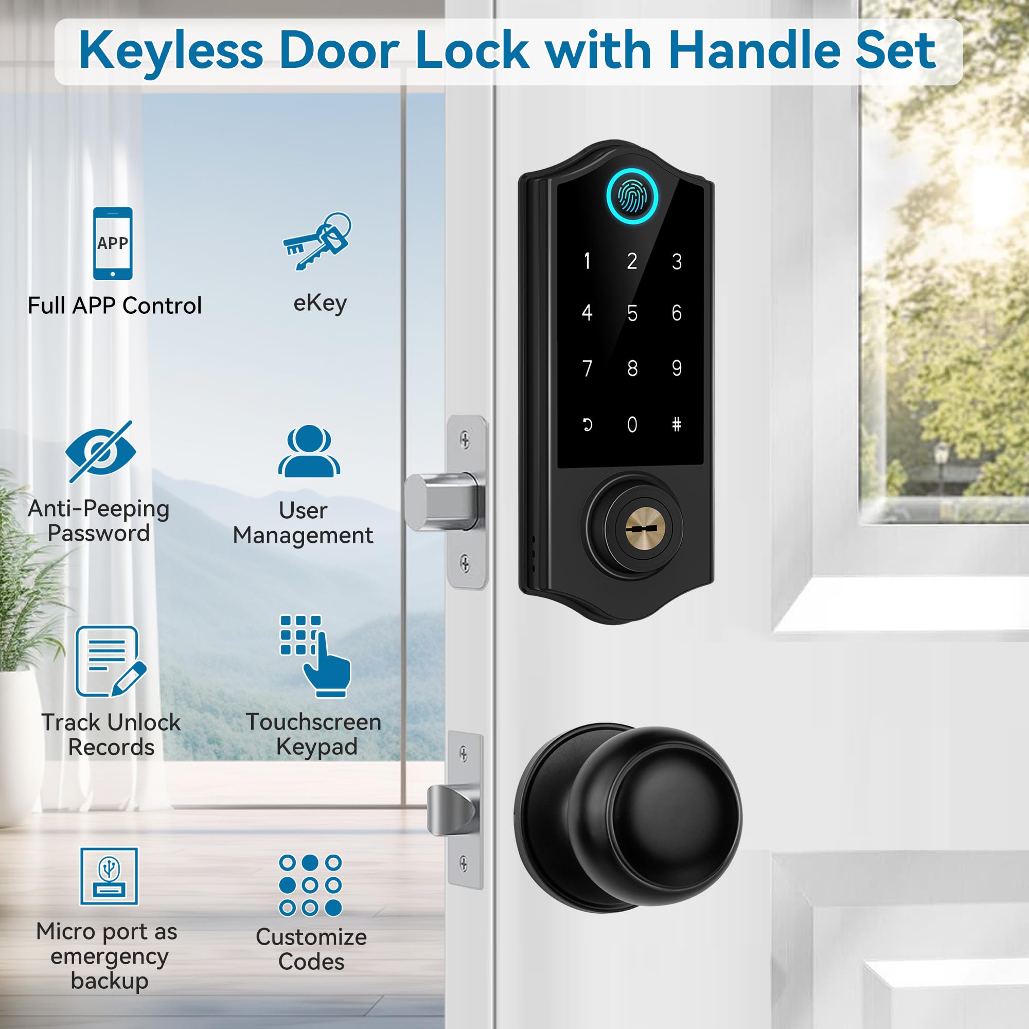 Harfo Fingerprint Smart Door Locks For Front Door With Handle Set, App Control, Keyless Entry Door Lock Keypad Deadbolt, Bluetooth Digital Electronic Touchscreen, Easy Install, Auto Lock, Black