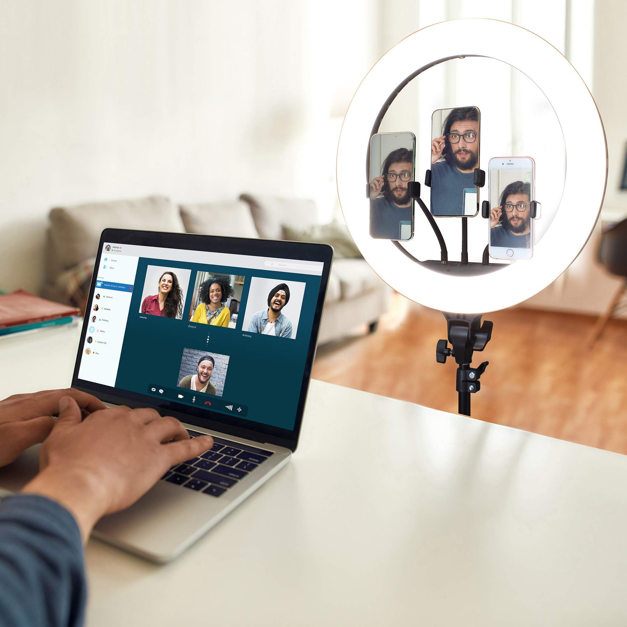 Aduro U-Stream 18" Inch Ring Light Tripod Stand Tall Ringlight With 3 Phone Holders For Vlog Live Stream Videos Makeup Youtube Video Beauty Ring Light Pro With Stand Extendable Phone Tripod