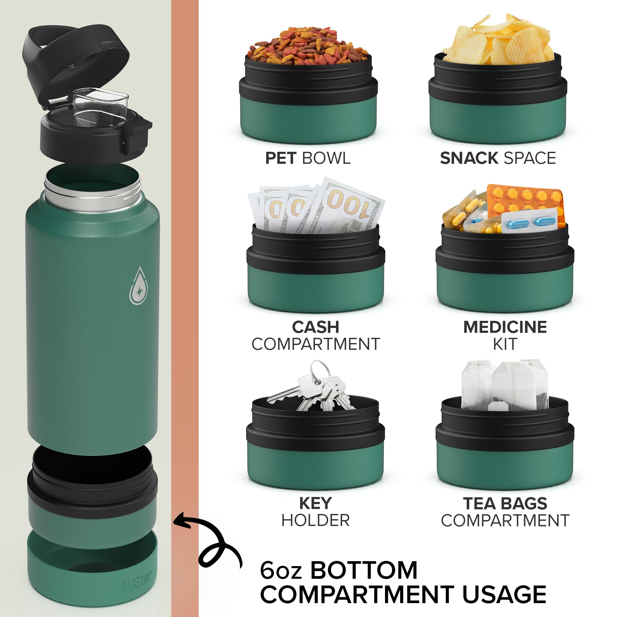 Austar 26Oz Sports Insulated Water Bottle With  Storage, Hot And Cold Water Bottle