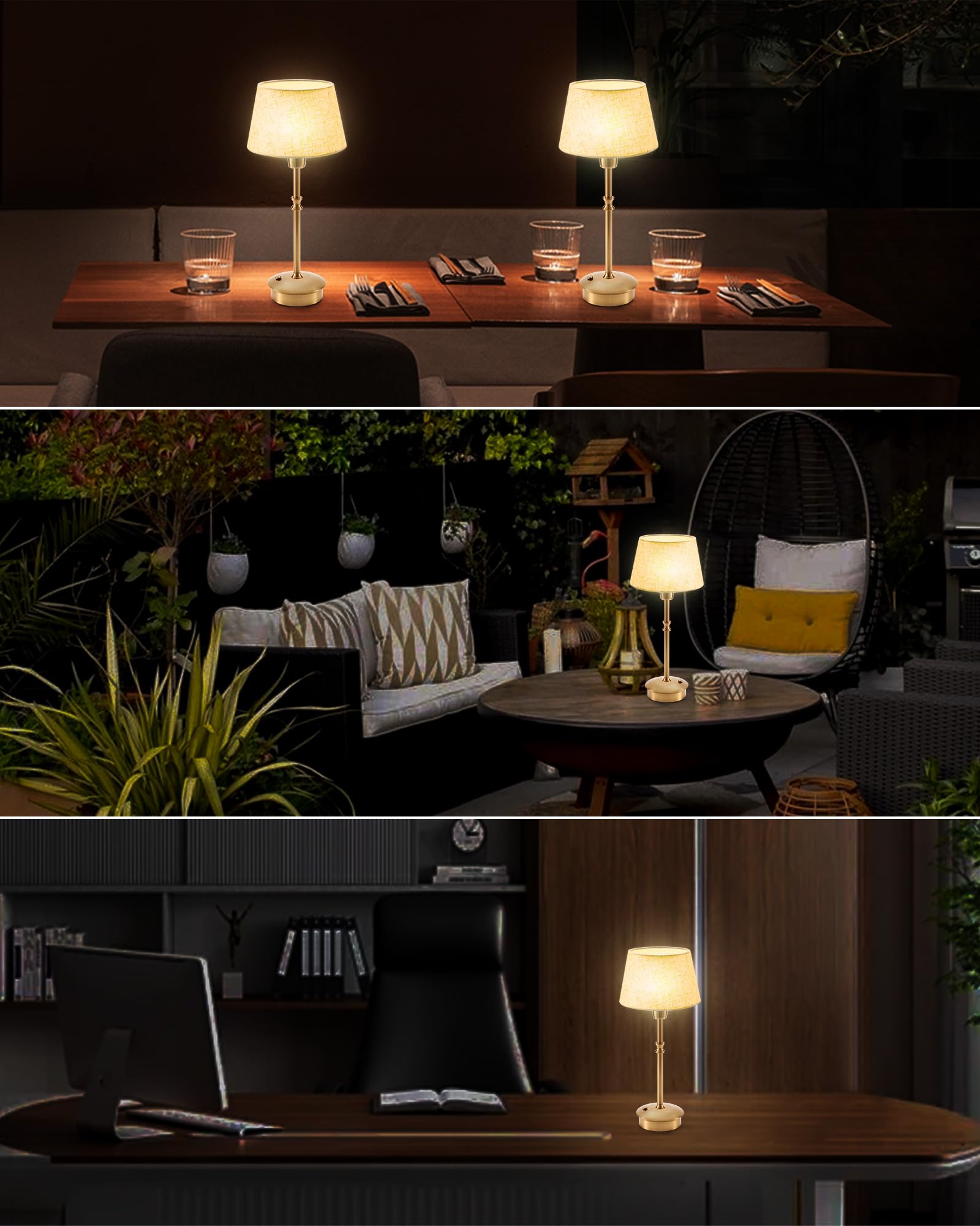 Umexus Cordless Lamp Rechargeable Table Lamps, 5000Mah Battery Operated Lights, 3 Level Brightness Dimmable, Portable Night Bedside Light For Patio, Restaurant, Dining, Fabric Shade, Antique Brass