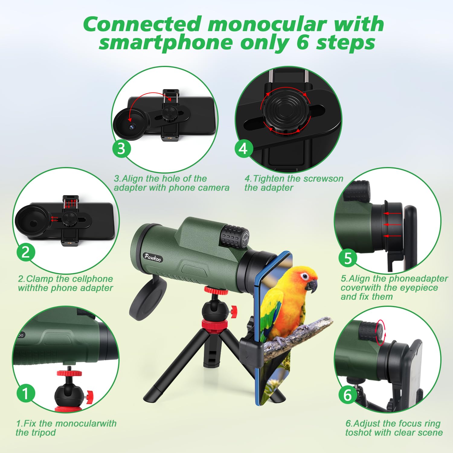 Pankoo 12X50 High-Power Monocular For Adults - Smartphone Adapter, Tripod, Hand Strap - Large Bak4 Prism & Fmc Lens - Perfect For Bird Watching, Sports, Hiking, Traveling