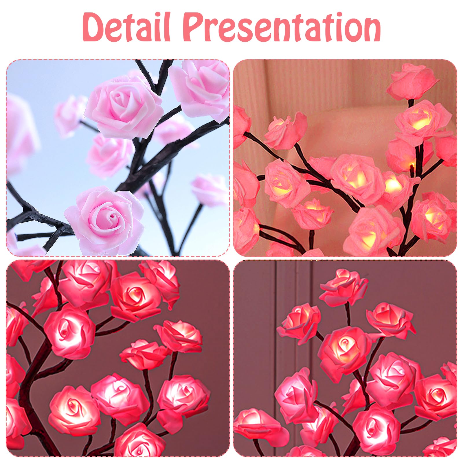 Bonlting Rose Flower Tree Lamp, Led Bedside Table Battery Powered Or Usb Adapter, Nightstand Light For Living Room, Bedroom, Office - For Mother'S Day Anniversary Birthday (Pink)