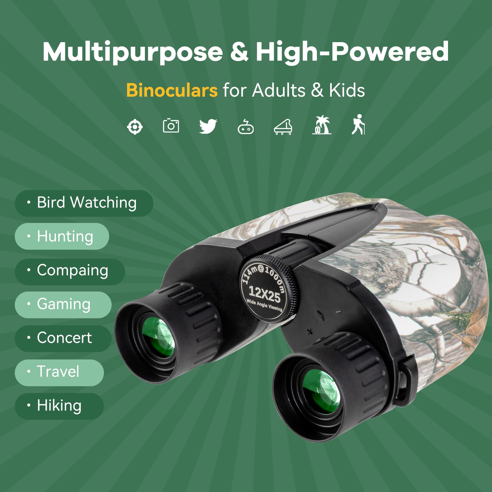 Koddon Compact Binoculars For Adults & Kids - 12X25 High Powered Binoculars With Low Light Vision For Bird Watching, Cruise Ship, Hunting, Travel & Sports