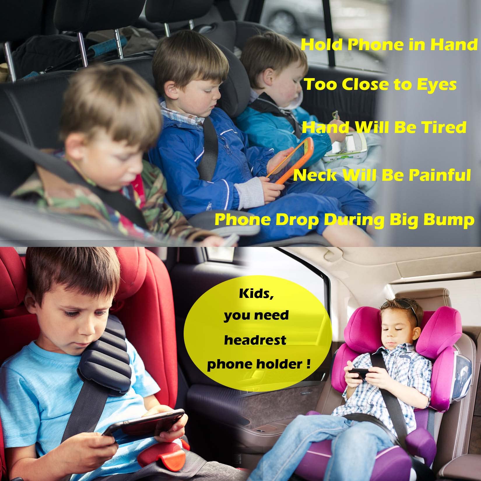 Wellmete Car Headrest Phone Holder For Kids Back Seat - Compatible With Iphone, Samsung And Other Cell Phones - Soft Adjustable Silicone Holding Net (For Phone 2 Pack)