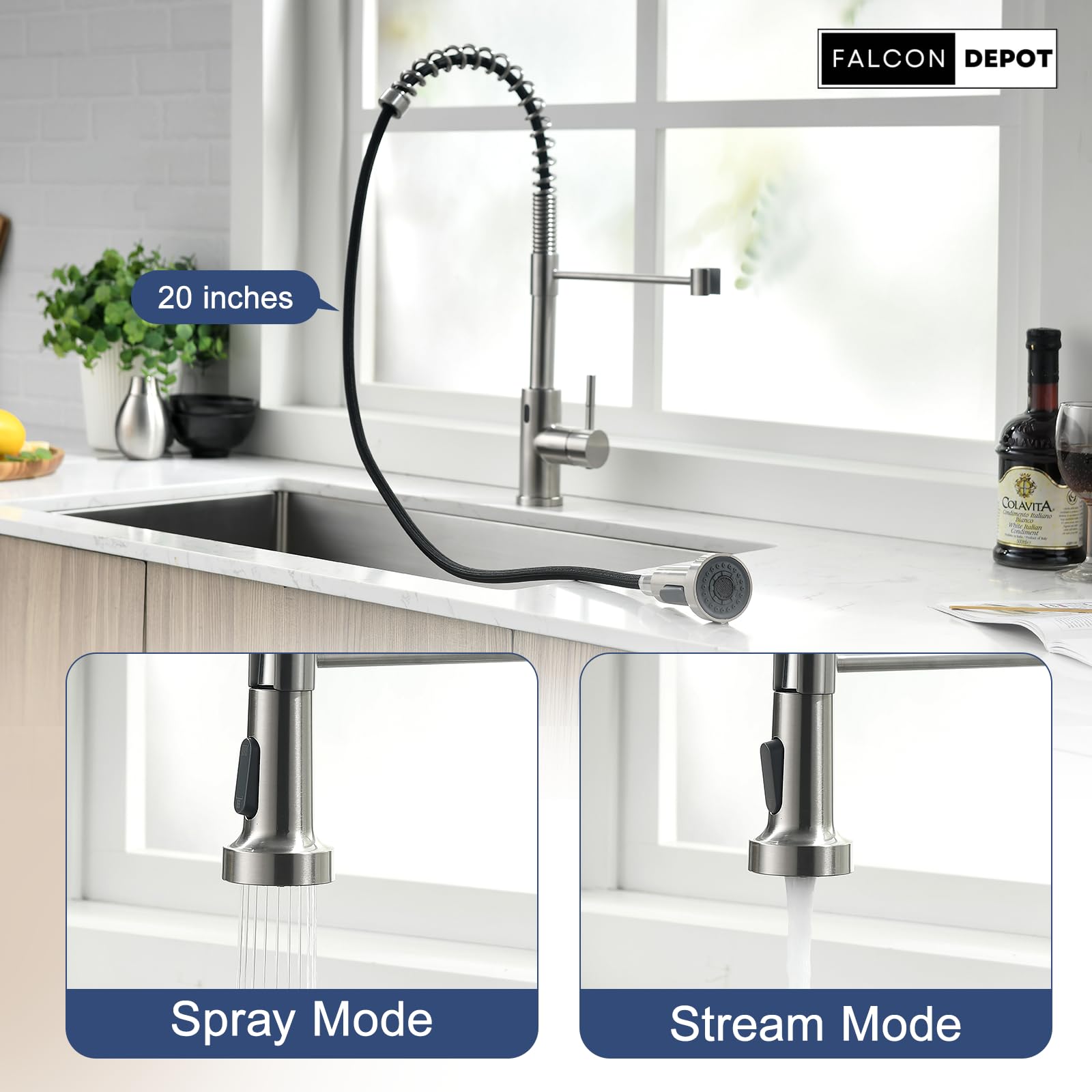 Falcon Depot Touchless Kitchen Faucet With Pull-Down Sprayer – Motion Sensor, Hands- Smart Activated Single-Hole Spring Faucet For Kitchen Sink – Brushed Nickel. 20" Inches Hight