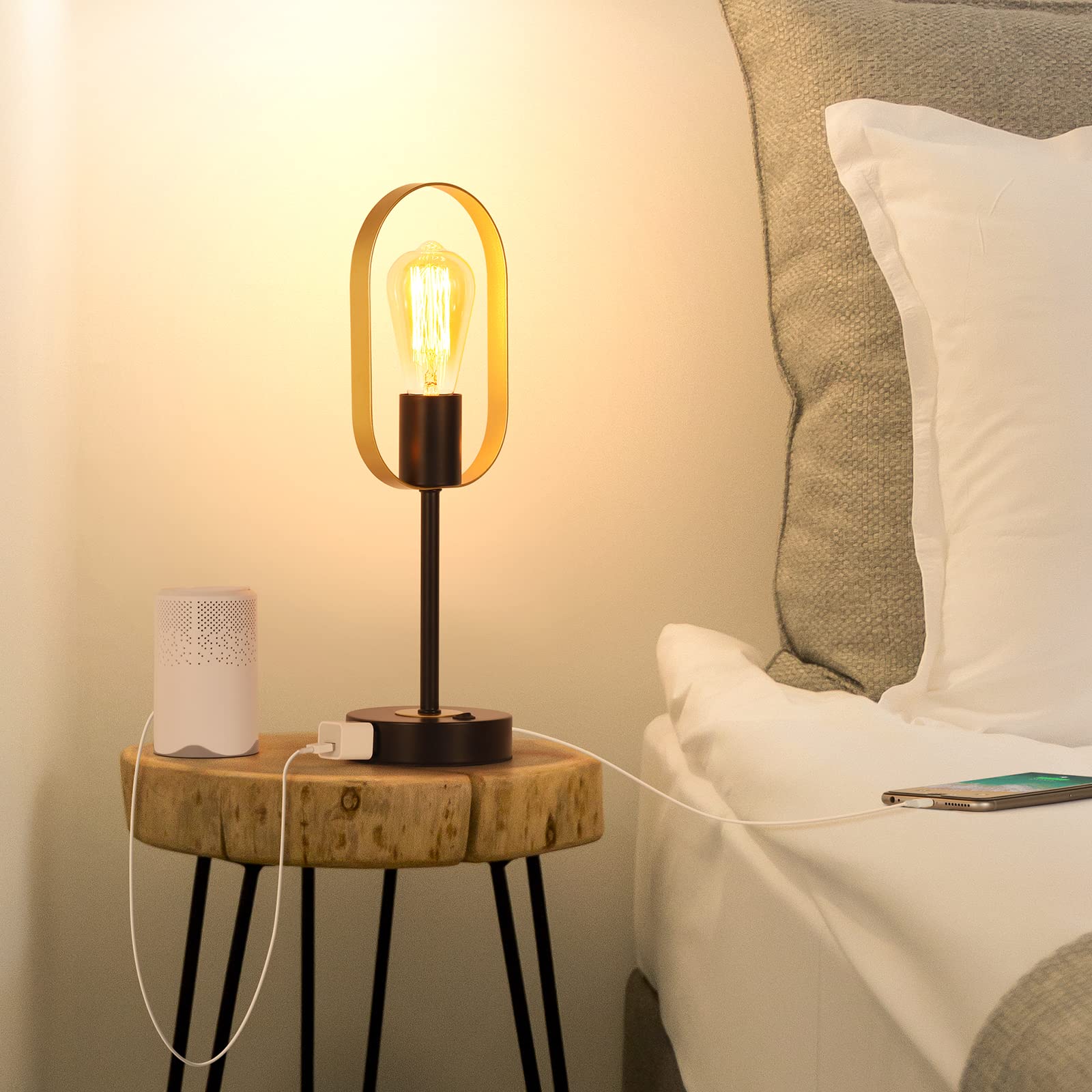 Nananardoso Industrial Metal Table Lamp, Vintage Desk Lamp With 2 Usb Ports And Ac Outlet, Nightstand Lamp With Gold Oval Shade For Bedrooms, Dining Room, Living Room, Cafe