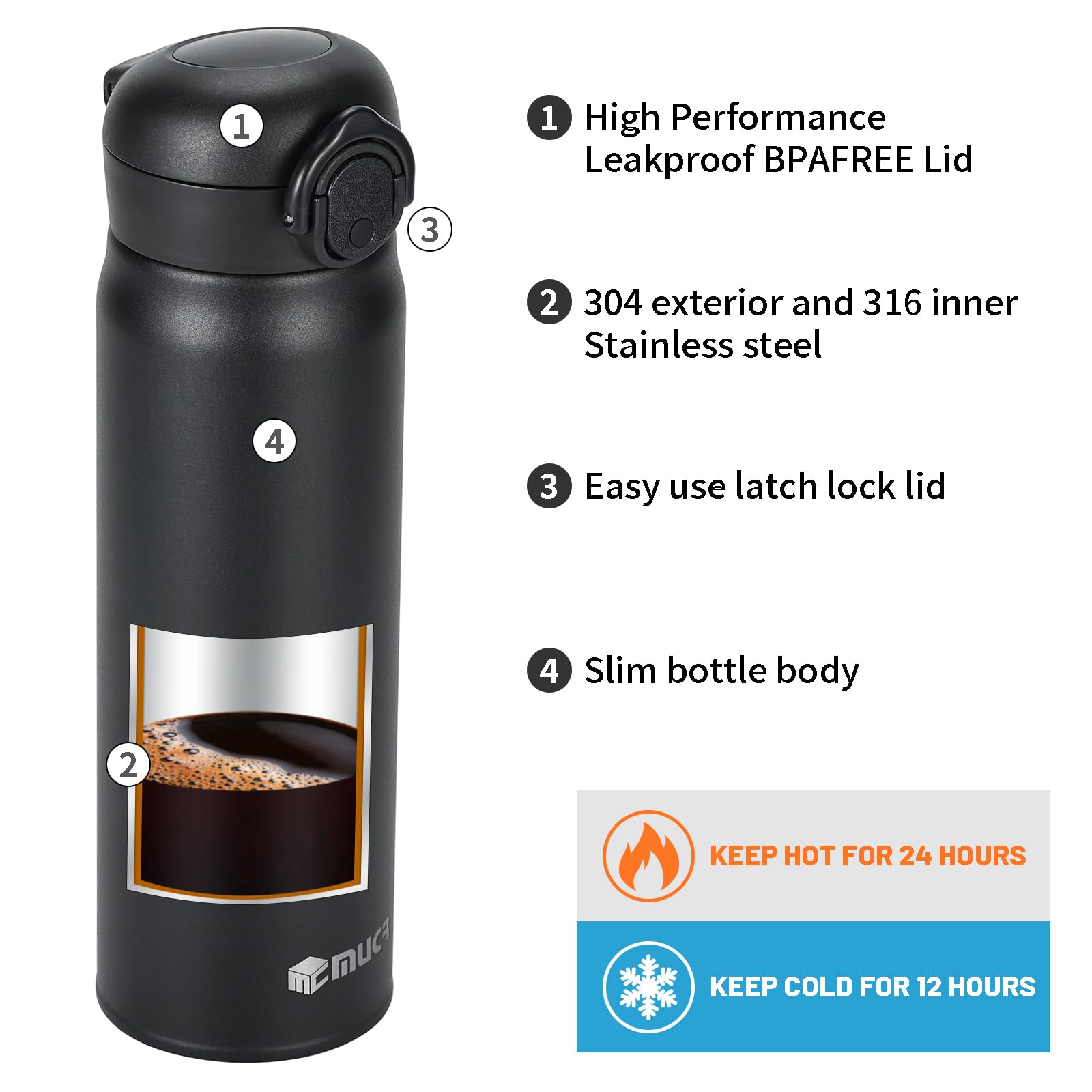 17 Oz / 500 Ml Insulated Water Bottle, Stainless Steel Thermo Coffee Travel Mug, Thermal Cup