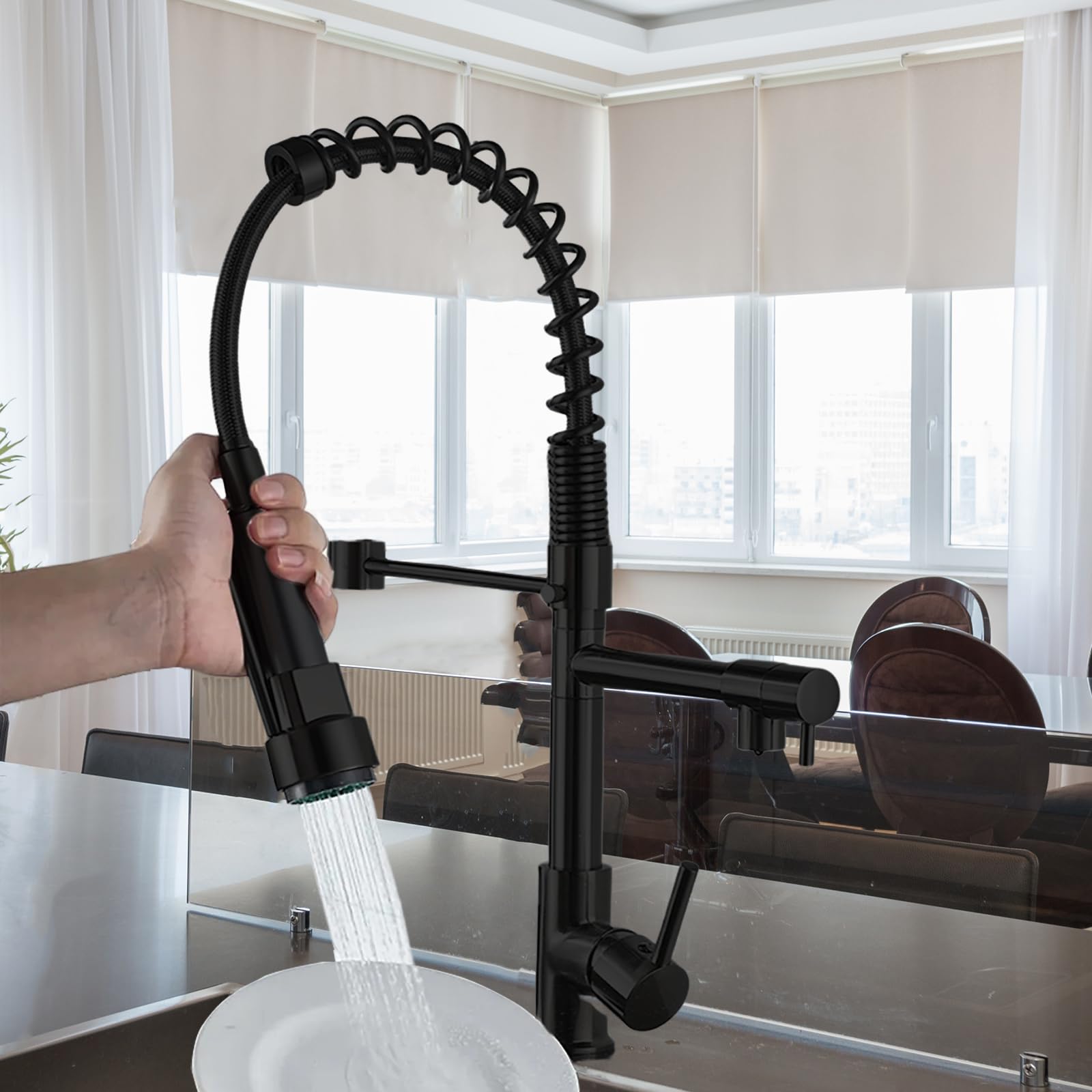 Nxxcli Commercial Kitchen Faucet With Pull Down Sprayer,Black Kitchen Sink Faucet With Pot Filler,Dual Spout Spring Stainless Steel Kitchen Faucets Pull-Out Kitchen Faucet For Rv, Farmhouse, Camper