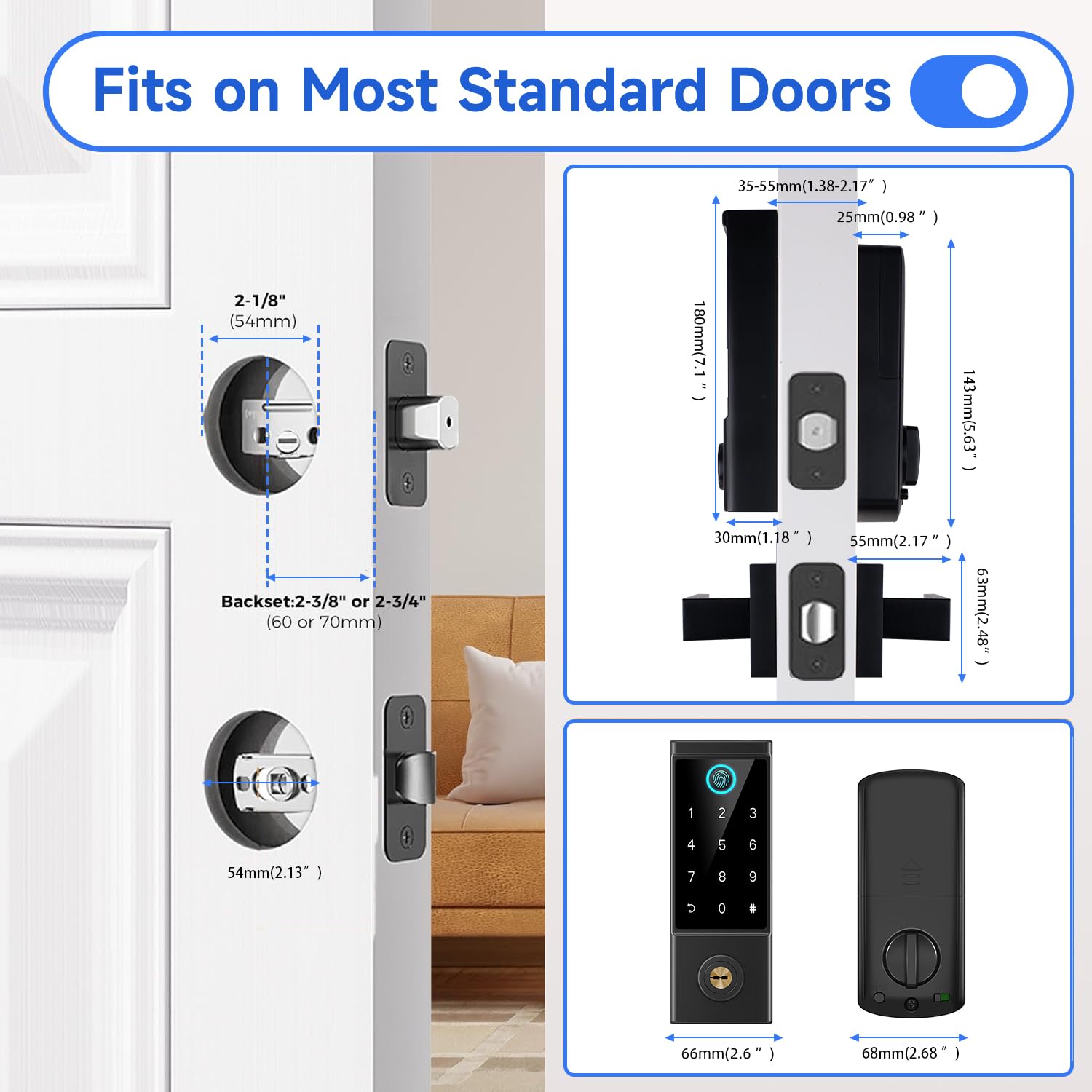 Bebasia App Control Fingerprint Lock With Handle, Heavy Duty Smart Keyless Entry Front Door Lock Set, Keypad Deadbolt With Lever Handles, Smart Locks For Front Door, Anti-Peeping Password Black