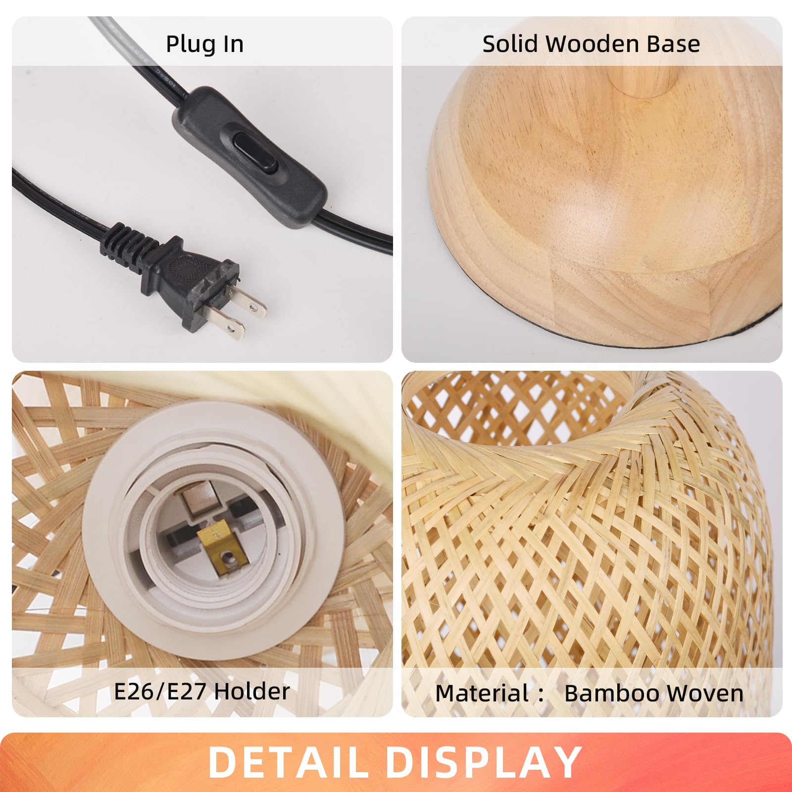 Arturesthome Large Bamboo Weaving Table Lamp With Wooden Base Eye-Caring Bedside Night Light,Wicker Table Lamp Rustic Desk Lamp For Kids Room,Home Decor