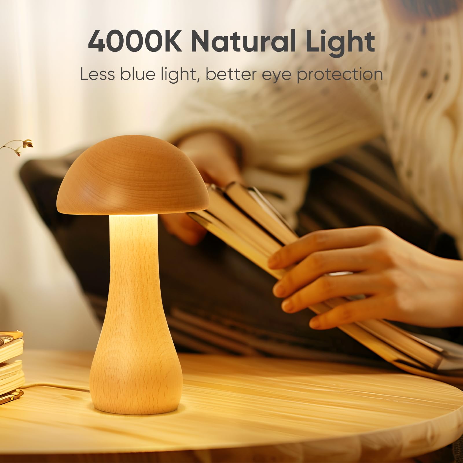 Moroommt Wooden Small Mushroom Lamp, Touch Switch Cordless Table Lamp For Nightstand, Rechargeable Battery Operated Night Light, 360 Degree Rotation Adjustable, Stepless Dimming Desk Lamps For Living Room