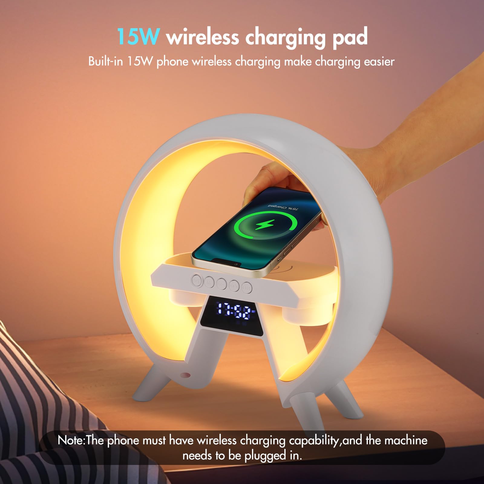 Kuidehacul Atmosphere Lamp With Wireless Charger, Table Lamp With Bluetooth Speakers, Time Display Alarm Clock, 15W Qi Wireless Charger And Hi-Fi Music, Dazzling Lights Bedside Lamp, Aux/Tf/Fm