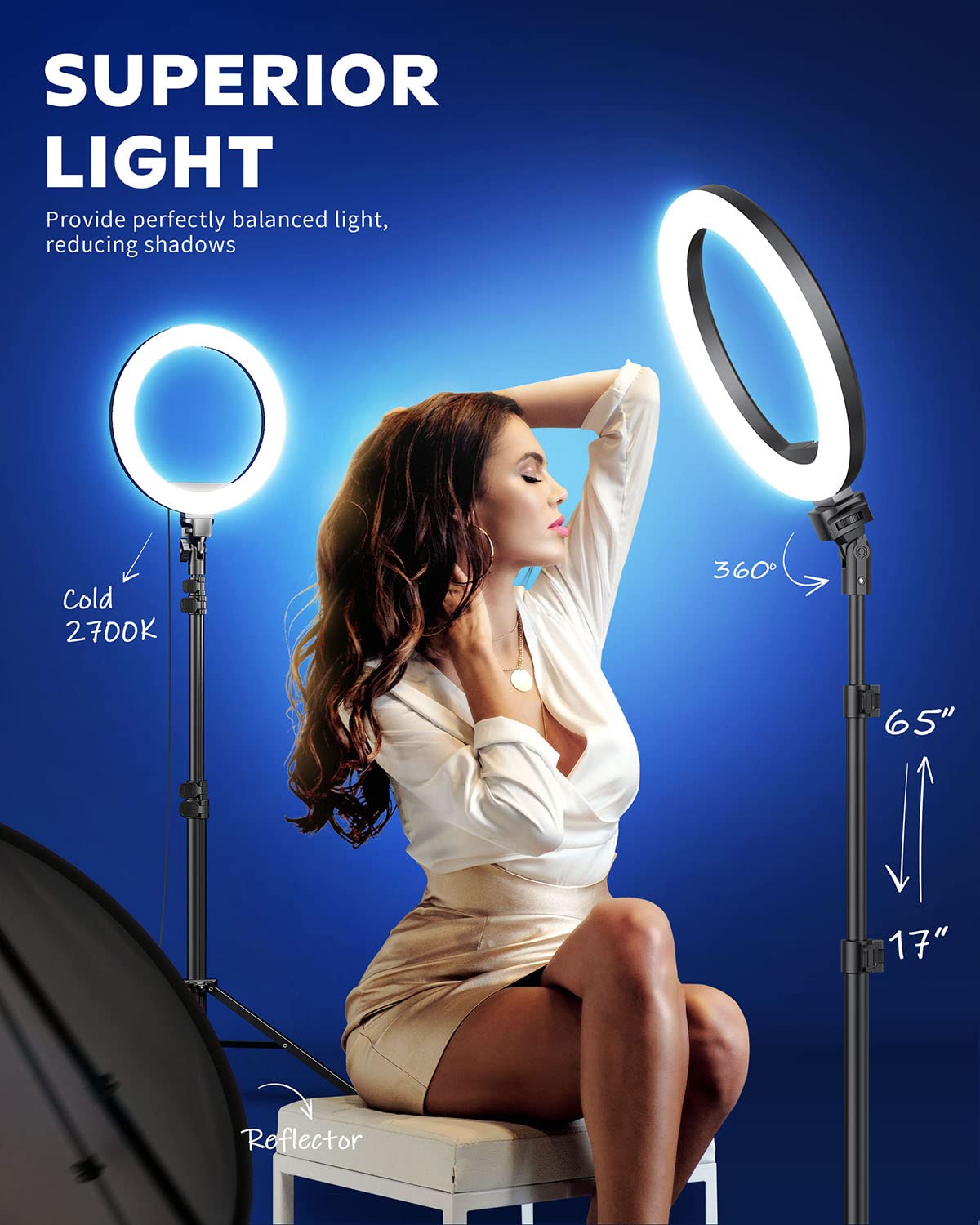 Kaiess 10.2" Selfie Ring Light With 65" Adjustable Tripod Stand & Phone Holder For Live Stream/Makeup, Dimmable Led Ringlight For Tiktok/Youtube/Zoom Meeting/Photography