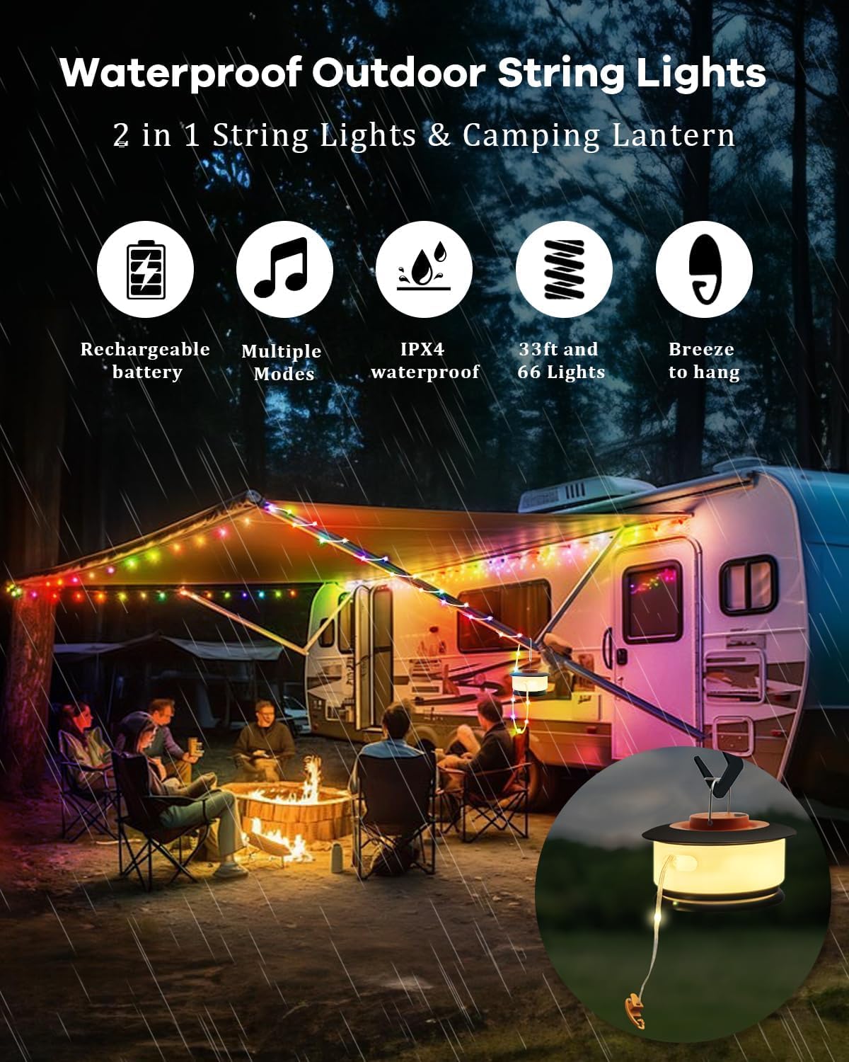 Homebest Camping String Lights – 33Ft Rgb Retractable Light With 19 Lighting Modes, Quick 20S Recovery, Waterproof, 3-In-1 Quick Storage, Rechargeable Tent Lights For Camping, Hiking, Yard, Travel,Holiday Gift