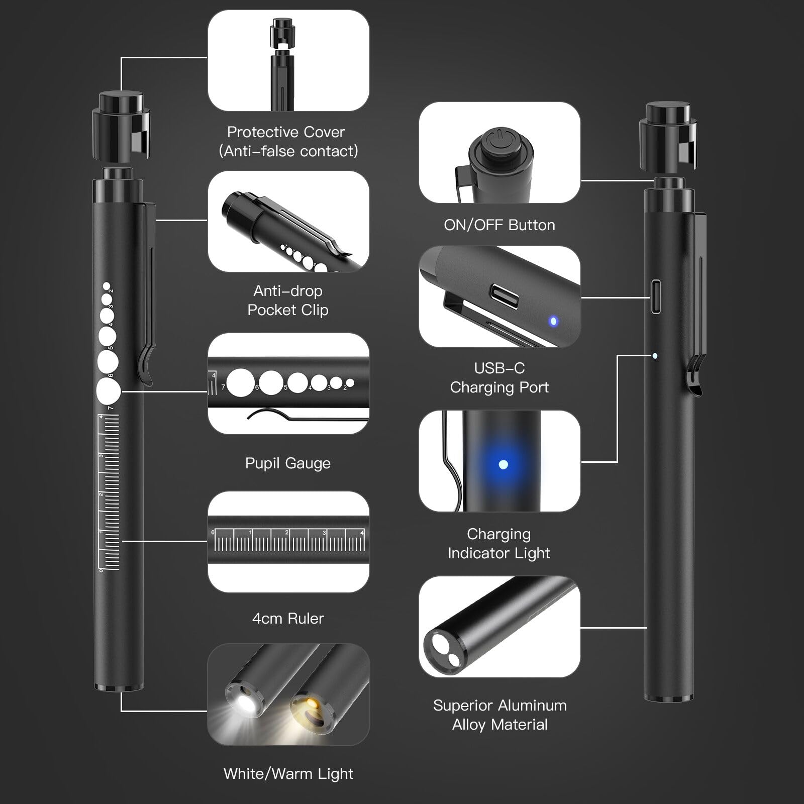 Cosoos 2 Rechargeable Pen Lights With Pupil Gauge, Ruler & 2 Pocket Protectors, Led Penlights For Nurse Doctor, Warm/White Light, Usb-C Rechargeable Penlight Flashlight For Nursing Student