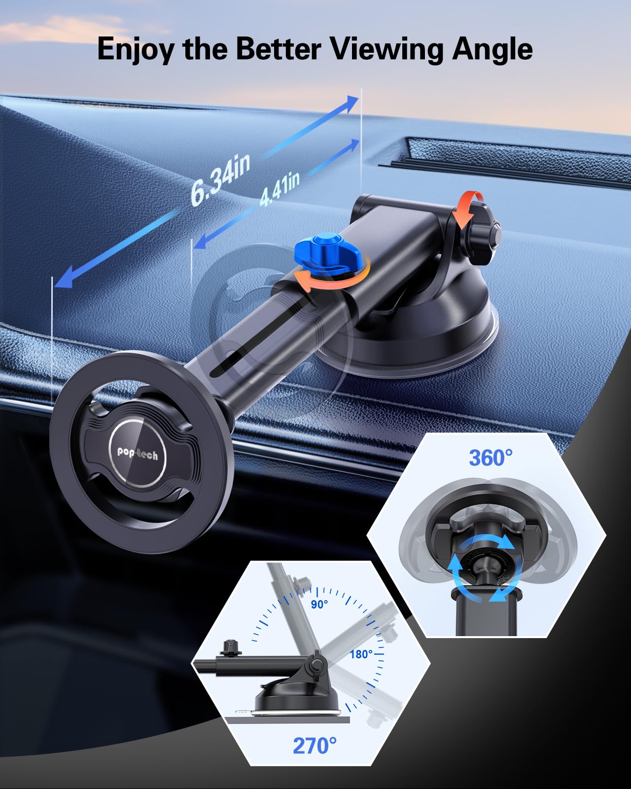 Pop-Tech For Magsafe Car Mount, Windshield Ultra Magnetic Phone Holder For Car, Dashboard Adjustable Military Suction Cup Phone Mount For Iphone 16 Pro Max 15 14 13 12 Plus, Smartphones, All Phones