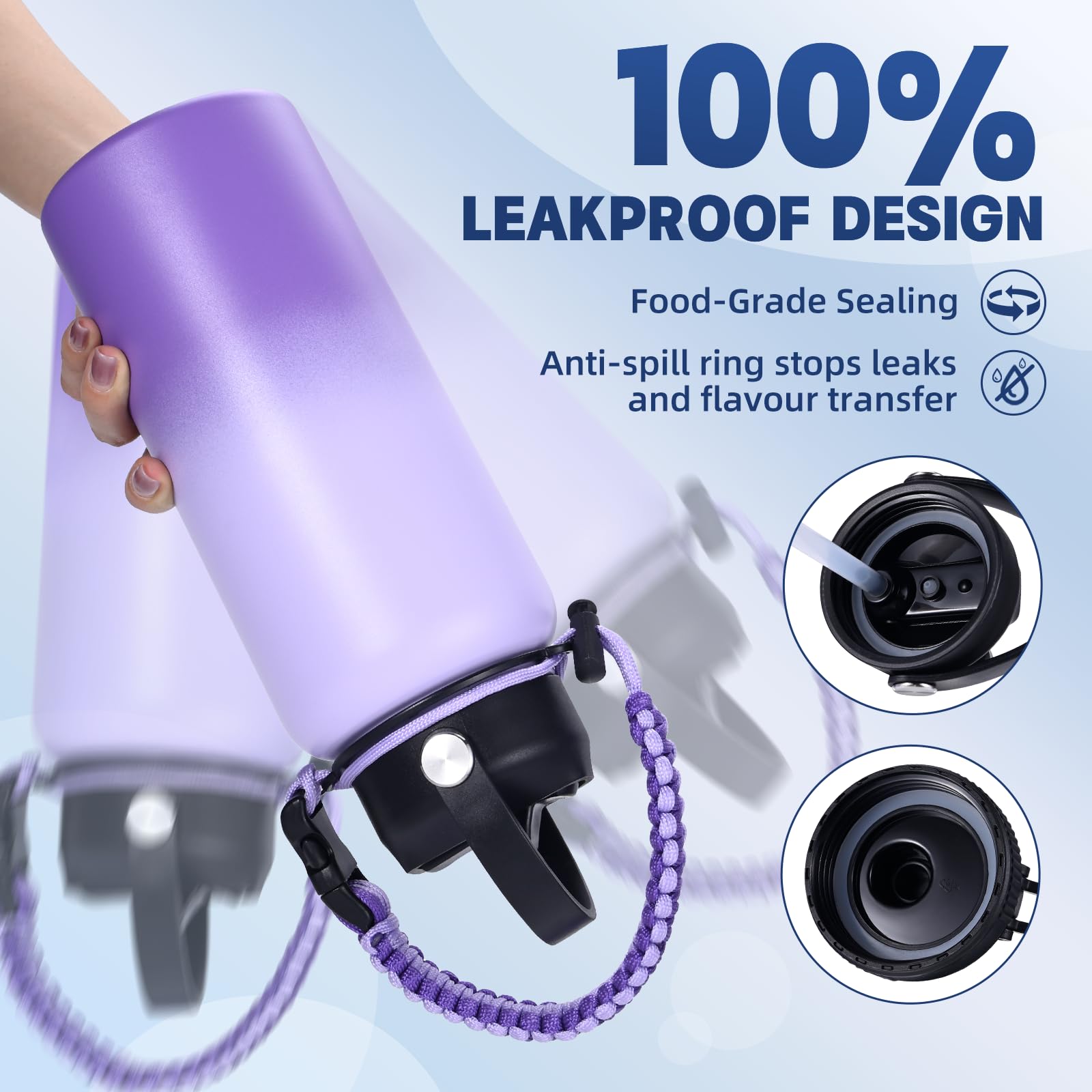 Insulated Water Bottle, 32 Oz Stainless Steel Wide Mouth Water Bottles With 2 Leak Proof Lid