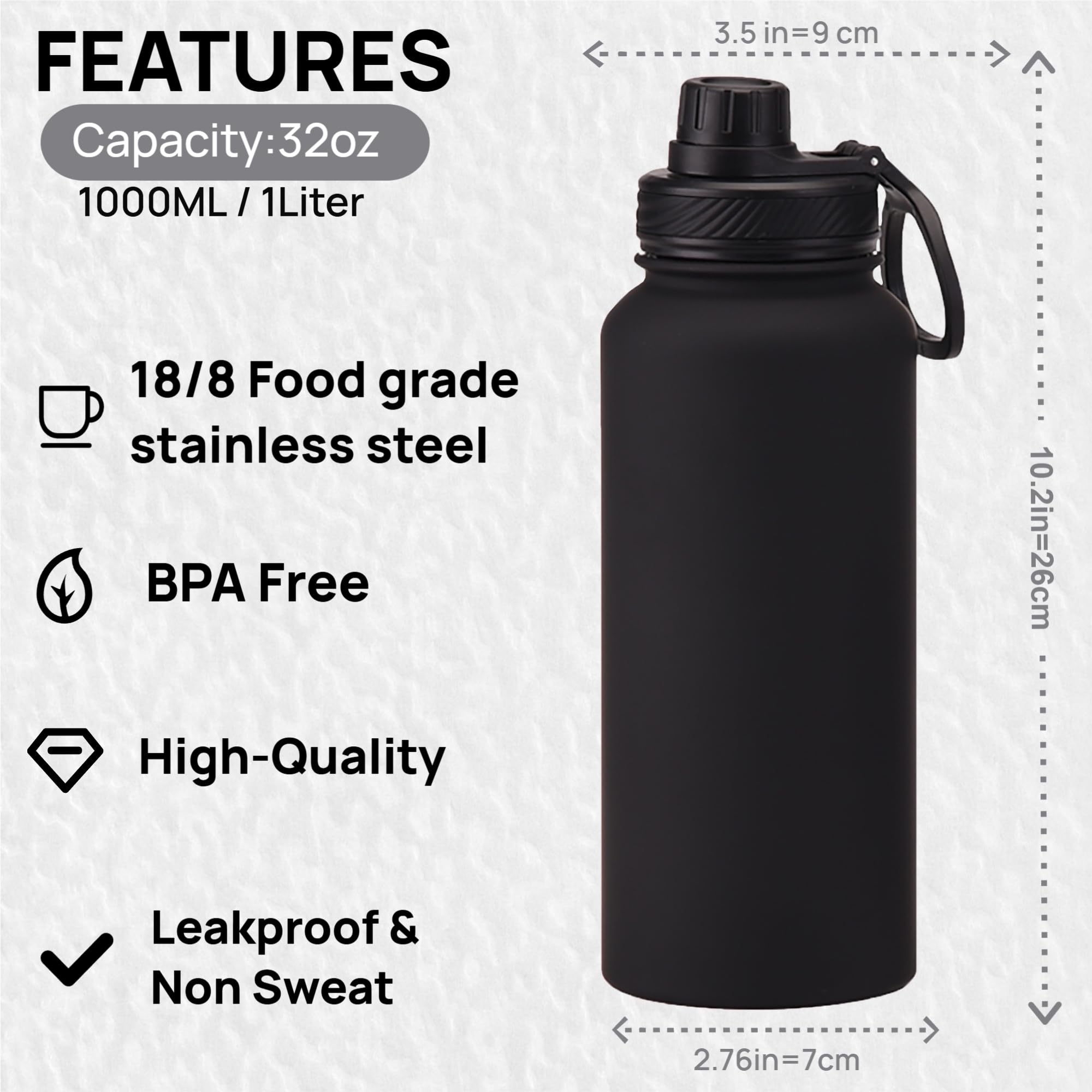 Black 32 Oz Insulated Water Bottle, Large Metal Stainless Steel Water Flask, Big Sports Travel
