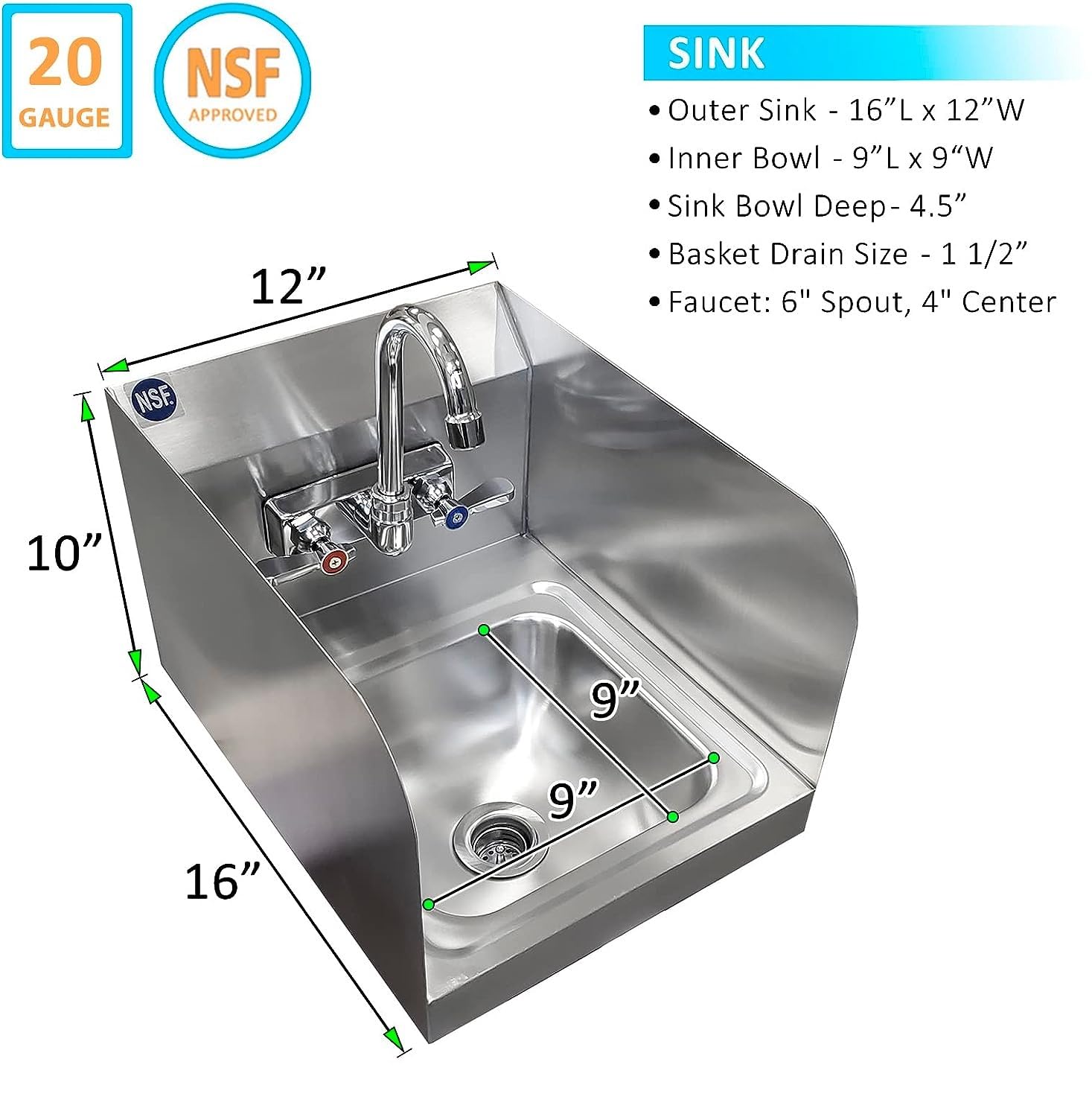 Express Kitchquip Stainless Steel Wall Mount Hand Basin With Gooseneck Faucet And Side Splash Guard. (16" X 12" Side Splash) Deep X Long