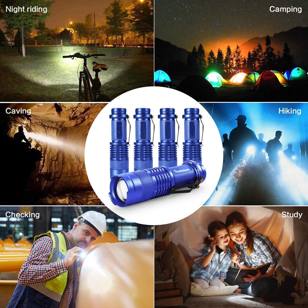 Modoao 6 Pack,7W 300Lm Sk-68 3 Modes Mini Light Black Q5 Led Tactical Flashlight, Led Mini Flashlights,Adjustable Focus Zoomable Tactical Flashlight For Camping Hiking Emergency（Blue