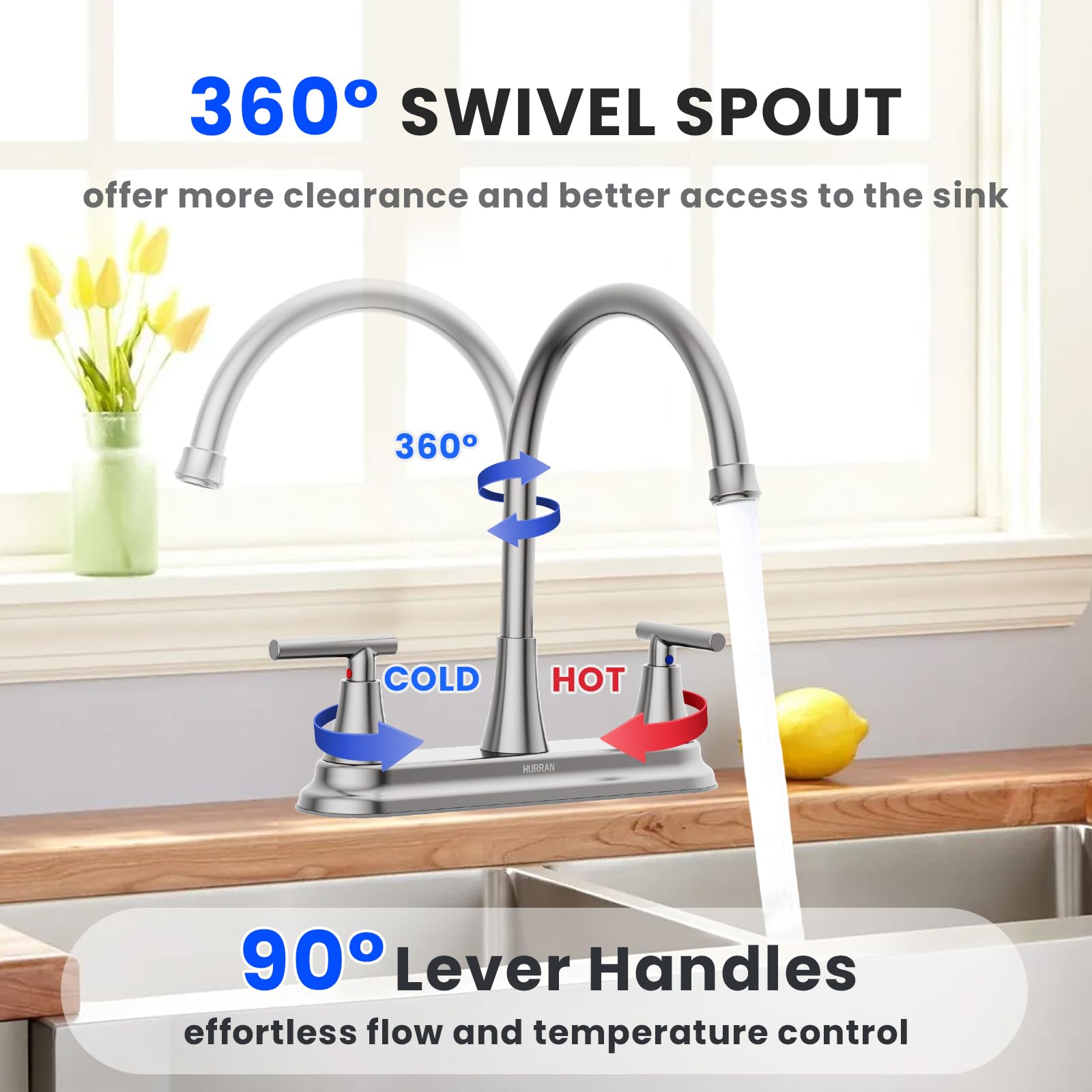 Hurran 2 Handle Kitchen Sink Faucet, 8 Inch High Arc 360°Swivel Kitchen Sink Faucet, 2 Or 3 Hole Kitchen Faucet Without Side Sprayer, Centerset Rv Kitchen Faucet With Stainless Steel Pipe, Nickel