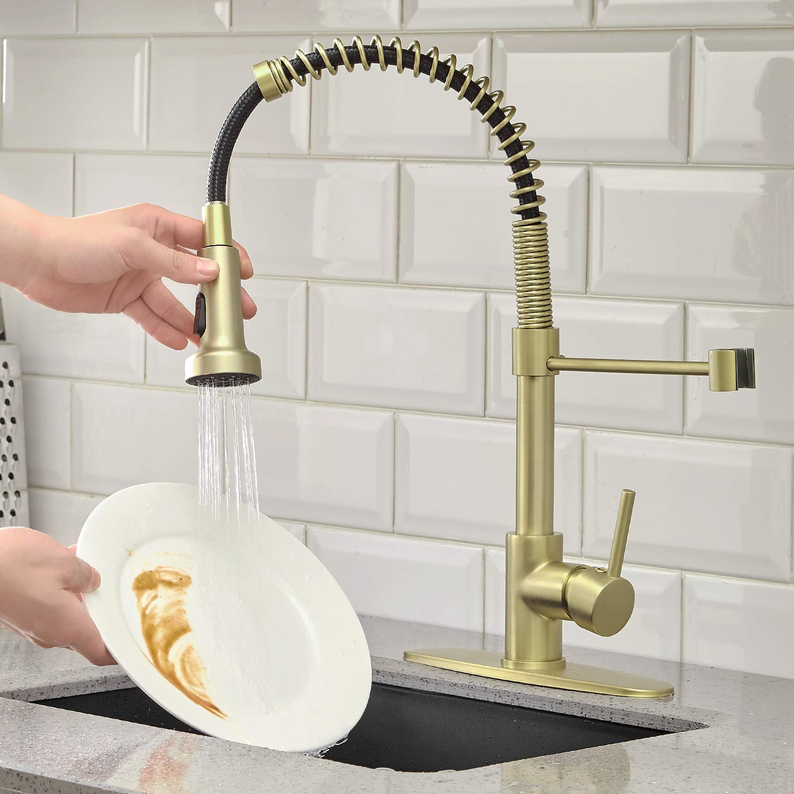Besy Brushed Brass Kitchen Faucet With Pull Out Sprayer, High-Arc Single Handle Single Lever Spring Rv Kitchen Sink Faucet With Pull Down Sprayer, 3 Function Laundry Faucet, Brushed Gold