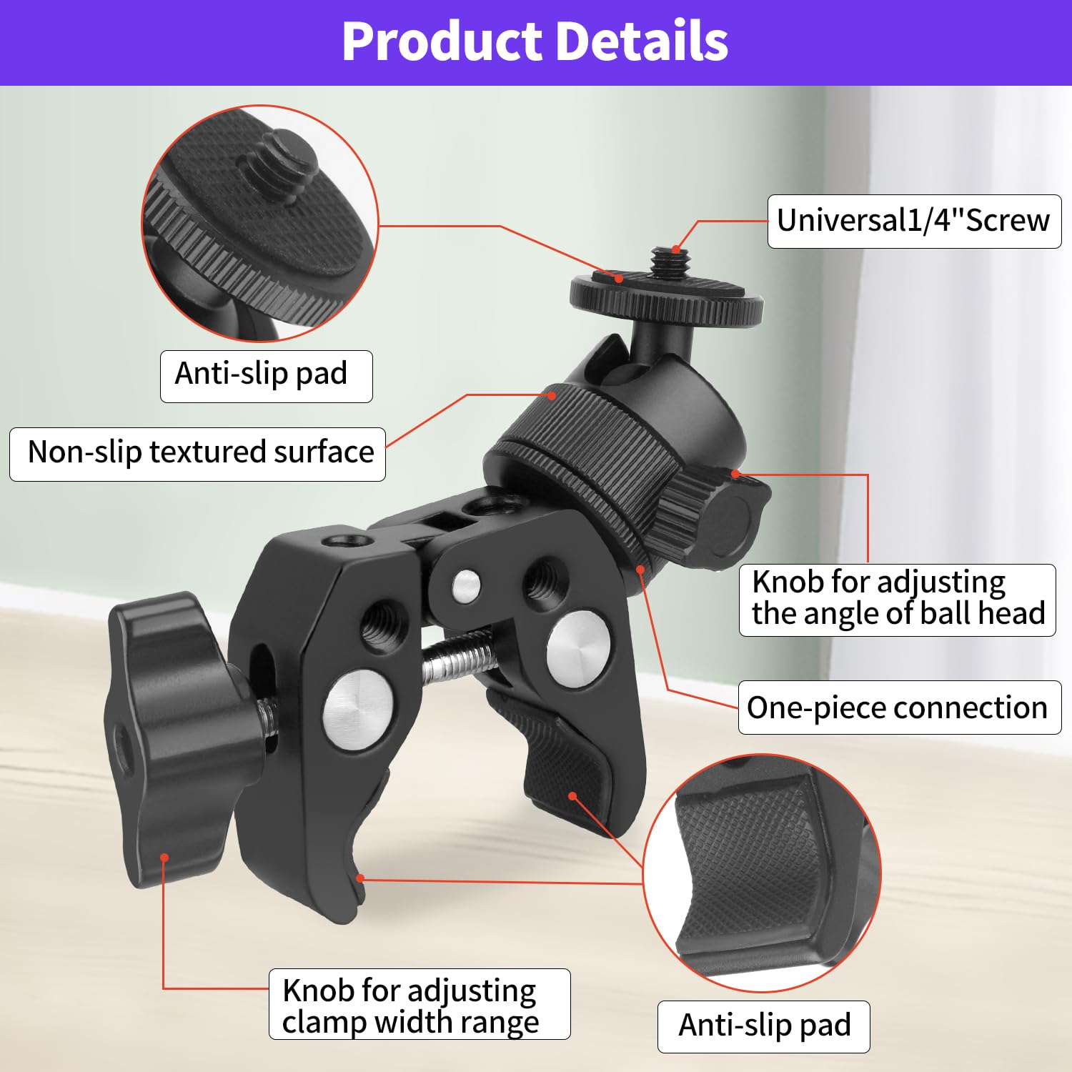 Jinsui Super Clamp Camera Mount With 360° Ball Head, Action Camera Adapter, 1/4"-3/8" Thread, 6.6 Lb/3 Kg Load-Bearing Motorcycle Bike Bicycle Pole Tube Tripod Desk Camera Mount For Light Insta360 Dslr