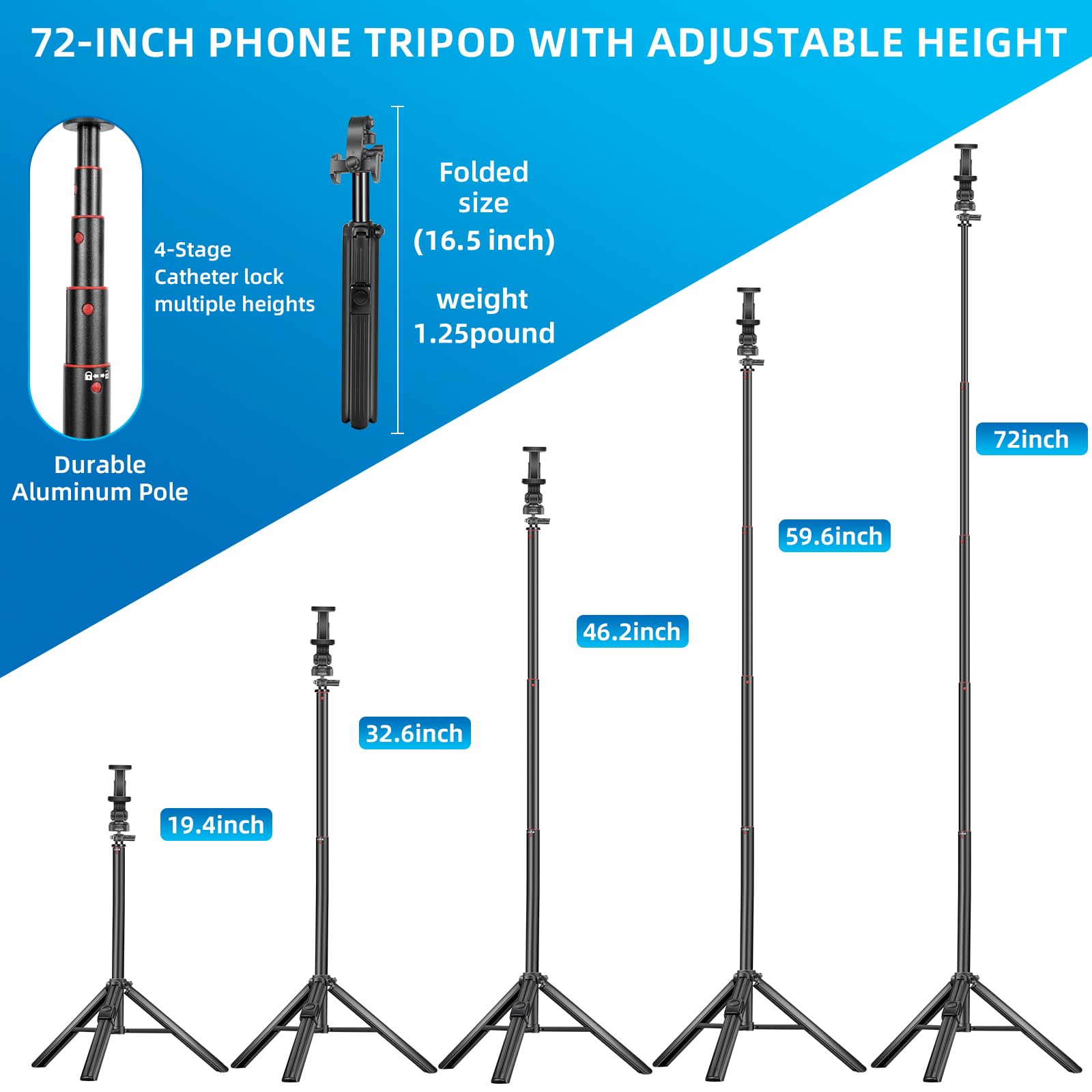 Qzsd Selfie Stick Phone Tripod - 72" Aluminum Lightweight Tripod For Iphone With Detachable Wireless Remote And Phone Holder, Portable Stand Compatible With Iphone/Android
