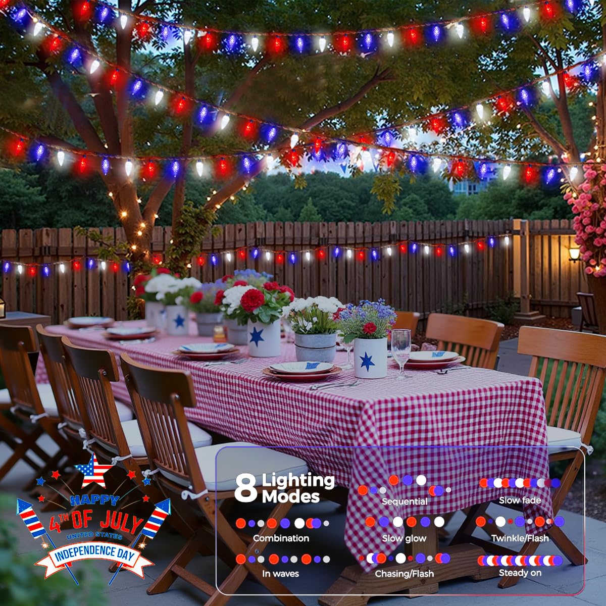Smatols Solar July 4Th Day String Lights, 50 Led 8 Modes C6 Red White And Blue String Lights Waterproof Rechargeable Outdoor Garden Fairy Lights For Independence Day Party Patio Decorations