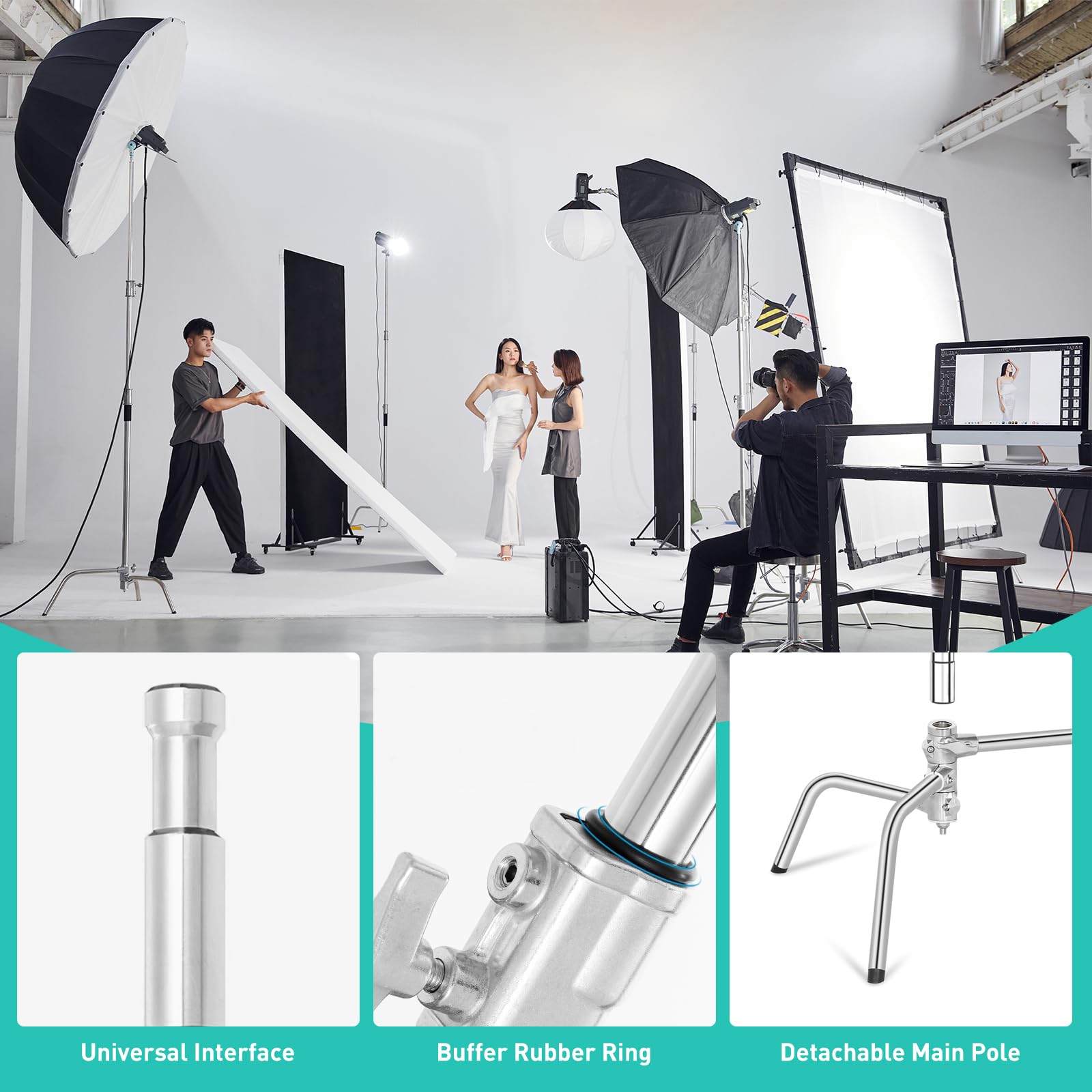 Lapgood 100% Stainless Steel Heavy Duty C Stand With Boom Arm - Max Height 10.8Ft/330Cm Photography Light Stand With 4.2Ft/127Cm Holding Arm, 2 Grip Head For Studio Monolight, Softbox, Reflector