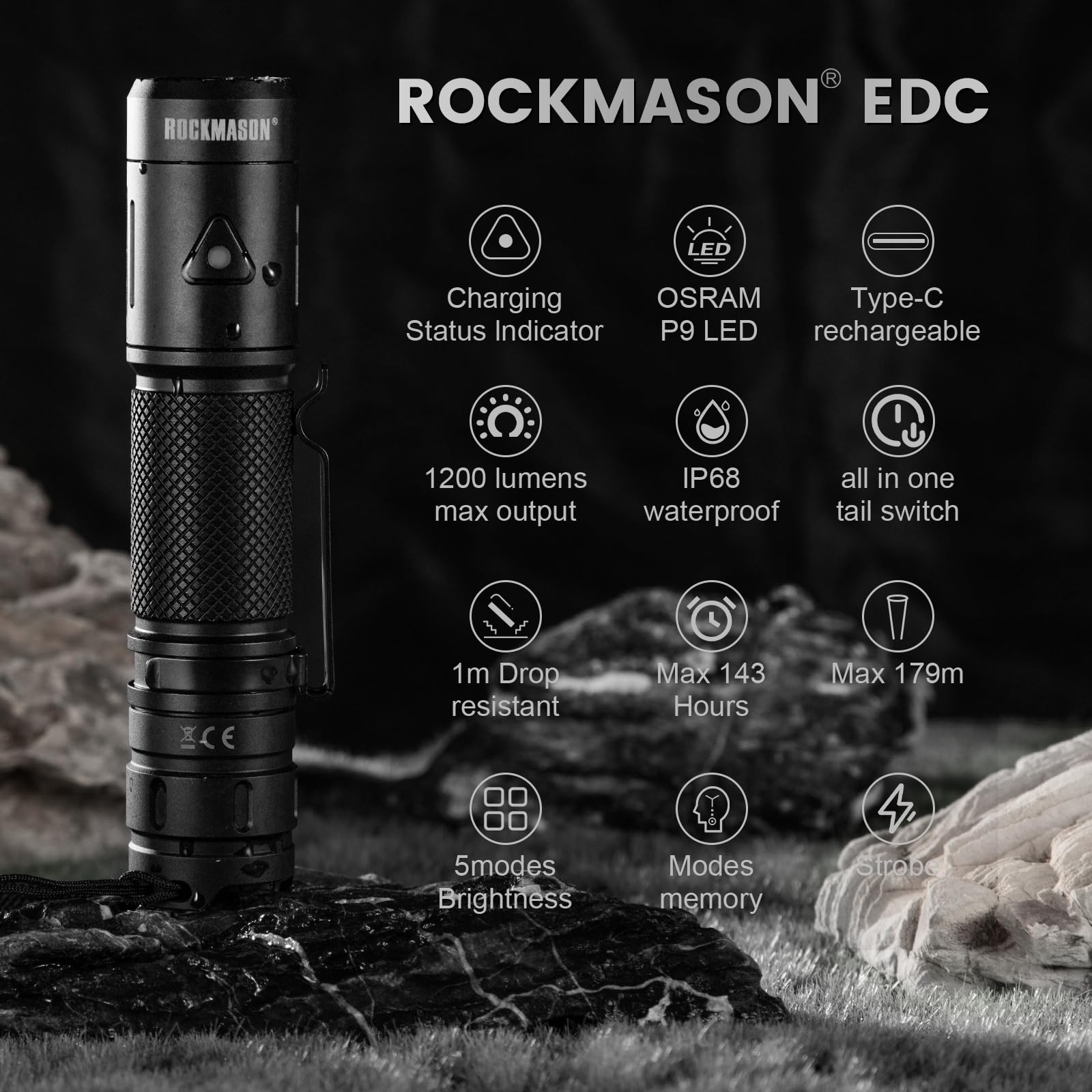 Rockmason Rm-F3 Edc Flashlight High Lumens, Ip68 Waterproof Flash Light, Rechargeable Flashlights For Home, Outdoor, Exploration, Hiking, Camping, Rescue, Hunting, Cycling, Hurricane Emergency