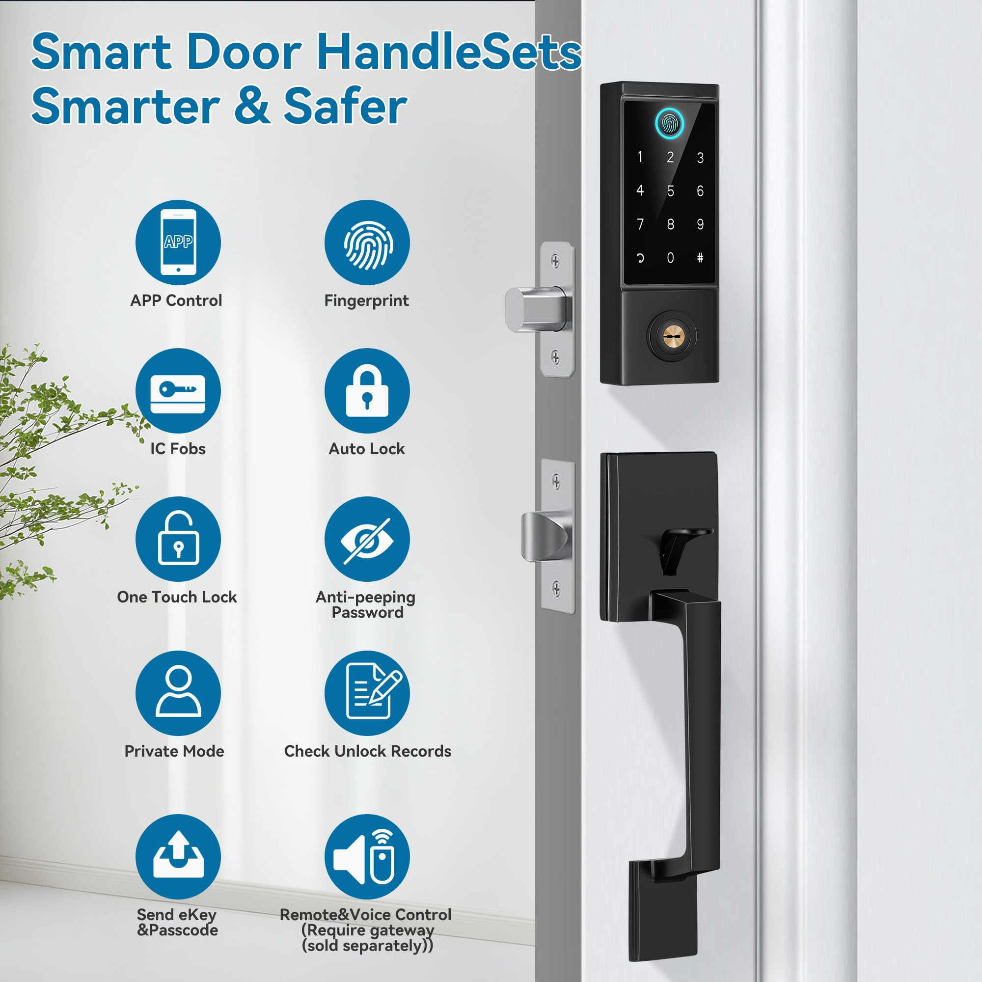Bebasia Smart Door Lock With Front Door Handle Set, Heavy Duty Fingerprint Handleset, Keyless Entry Door Lock, Smart Deadbolt For Front Door, Bluetooth Keypad Digital Lock Black