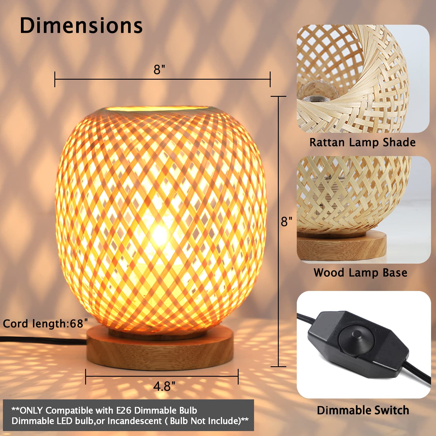 Capslpad Dimmable Rattan Table Lamp - Bamboo Woven Handmade Boho Beside Light, Small Wicker Desktop Nightstand Accent For Kids Living Room, Bedroom, Dorm Decor