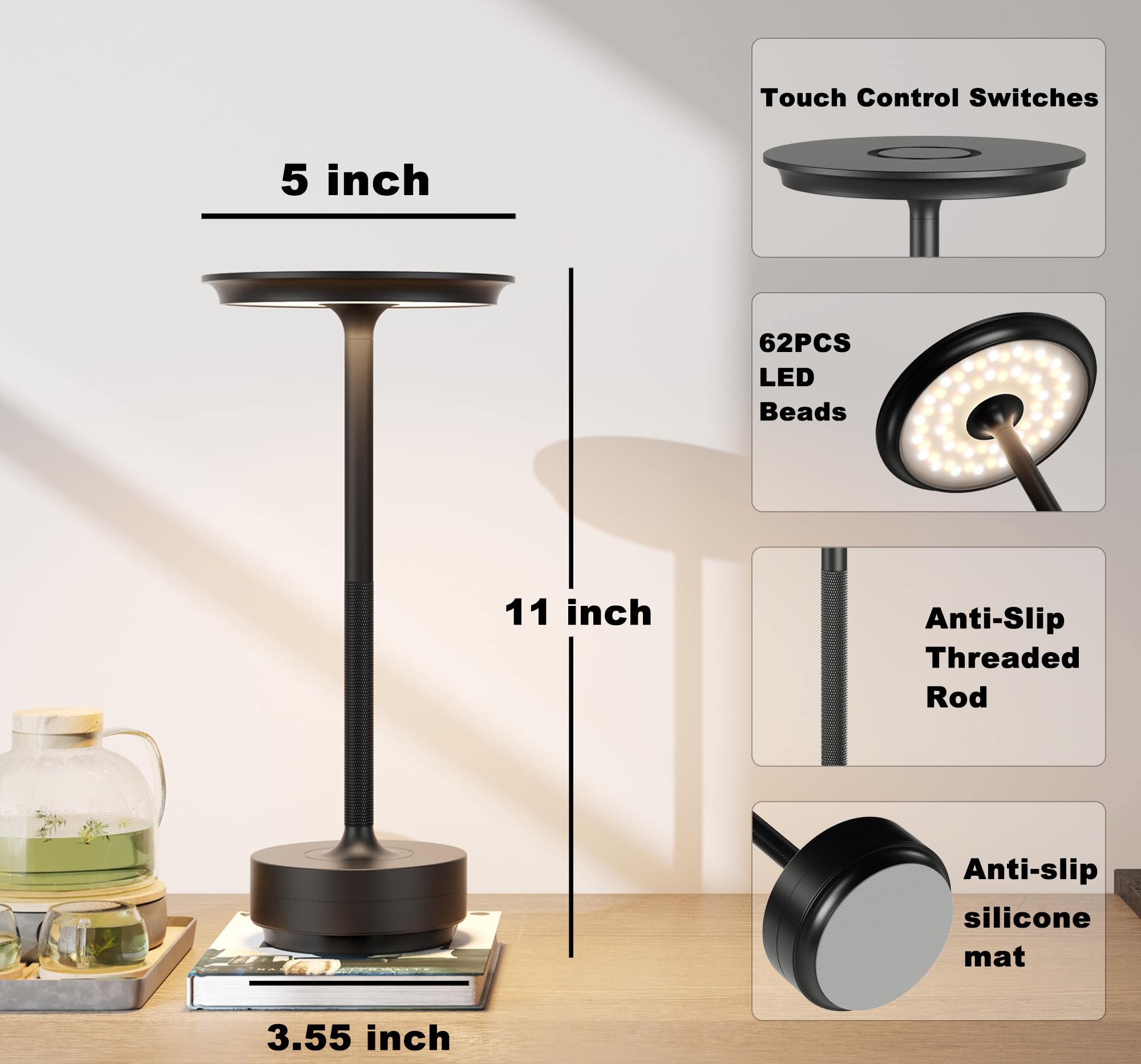 Jonemo 2 Pack Cordless Table Lamp, Led Rechargeable Table Light With 3 Temp Settings, Stepless Dimming, 5000Mah Battery, Usb-C, Memory, Aluminum Alloy, For Home, Patio, Restaurant, Outdoor. Black