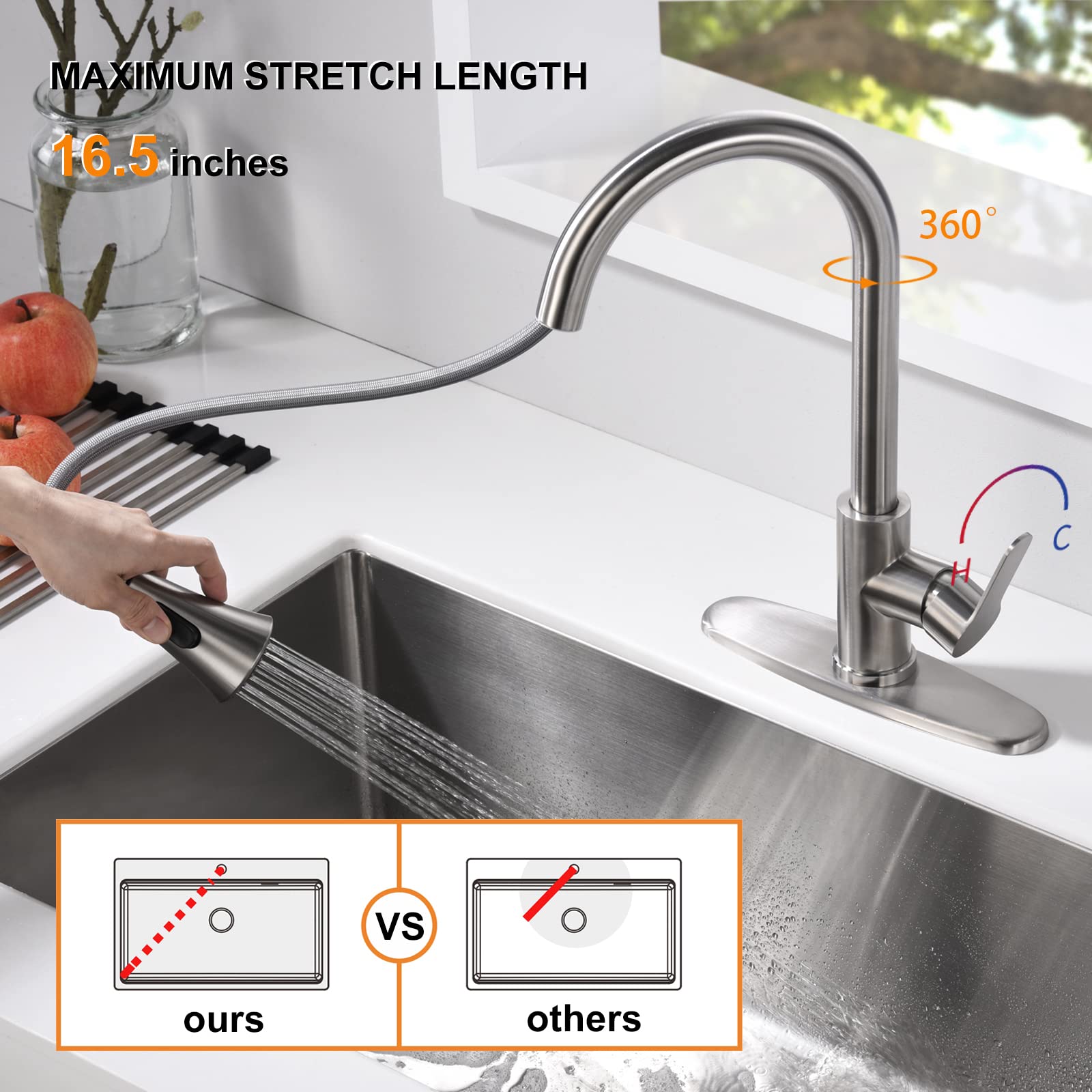 Amazing Force Kitchen Faucet With Pull Down Sprayer 2 Modes Stainless Steel Kitchen Sink Faucet Single Handle Faucet For Kitchen Sink Rv Kitchen Faucet Laundry Sink Faucet With 1.8Gpm, Brushed Nickel