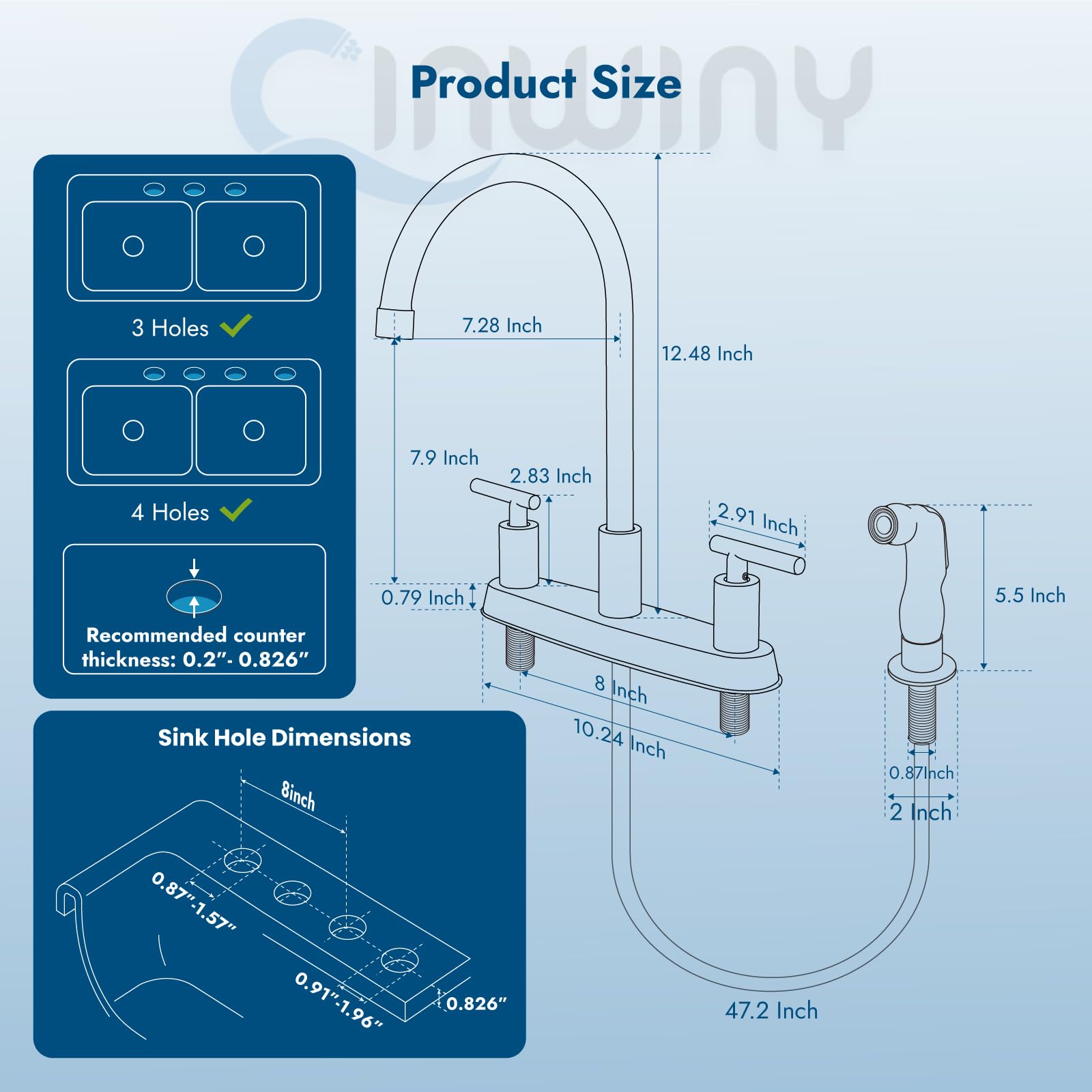 Cinwiny Kitchen Faucets,High Arc 360°Rotating Spout Kitchen Sink Faucet 2 Handle 8 Inch Centerset Rv Kitchen Faucet With Supply Lines,3 Hole Kitchen Faucet With Side Sprayer, Brushed Nickel