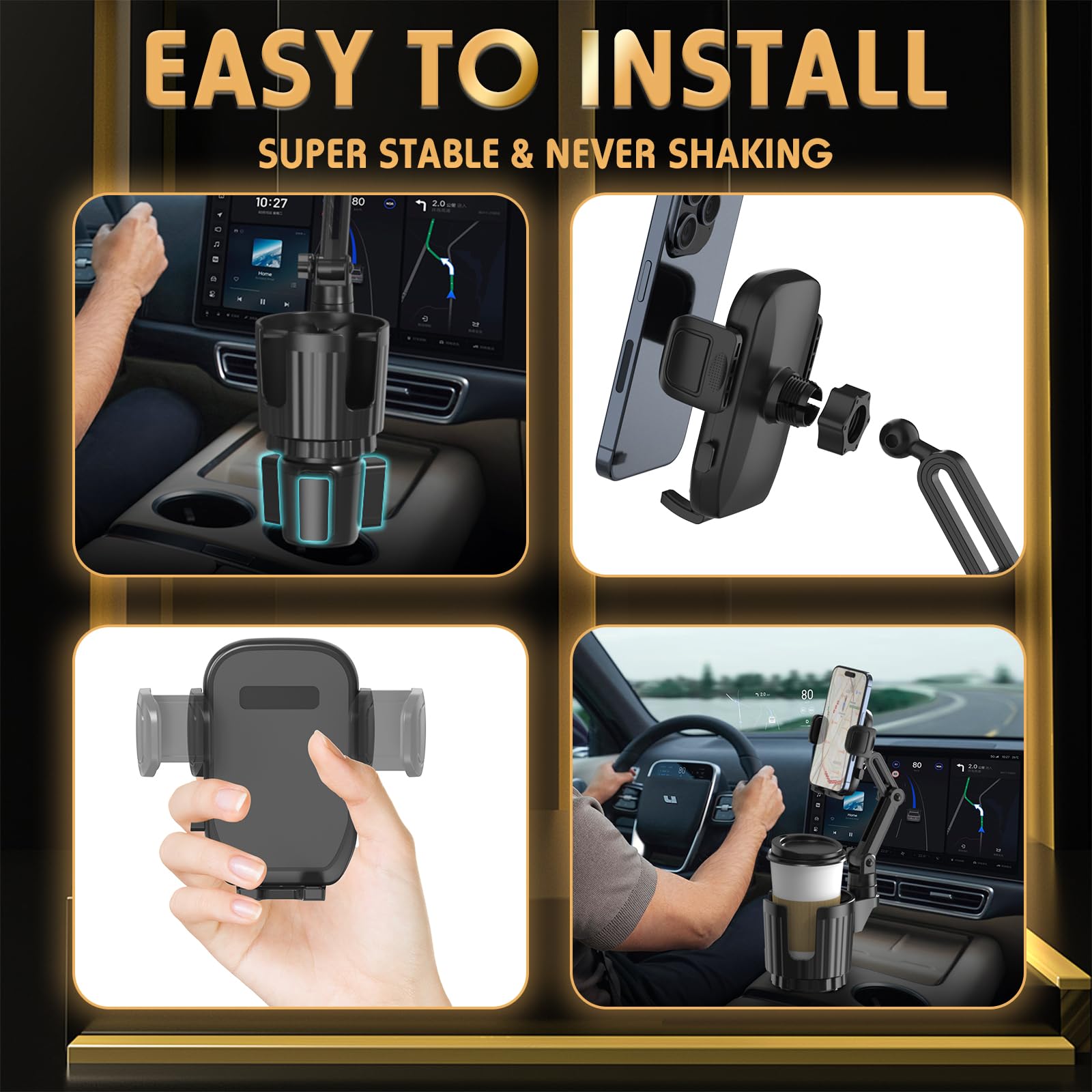 Bokilino Cup Holder Phone Mount, 2 In 1 Universal Cup Holder Expander Adjustable Base With Phone Mount, Long Arm With 360°Rotation Phone Cup Holder For Car Compatible With All Smartphones