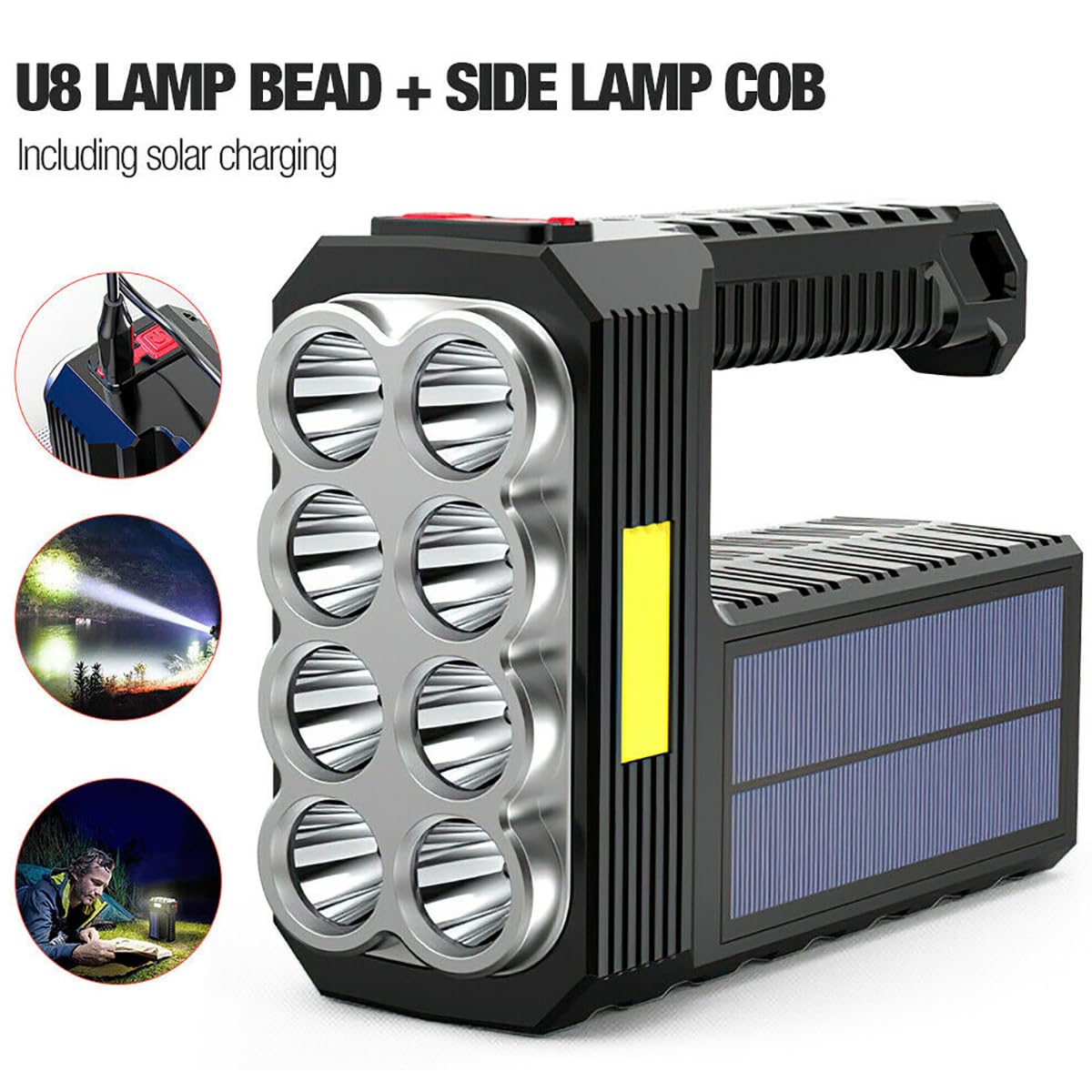 Ruwq Solar Led Flashlight Spotlight Usb Rechargeable Hand Torch Light Camping Lamp (Black)