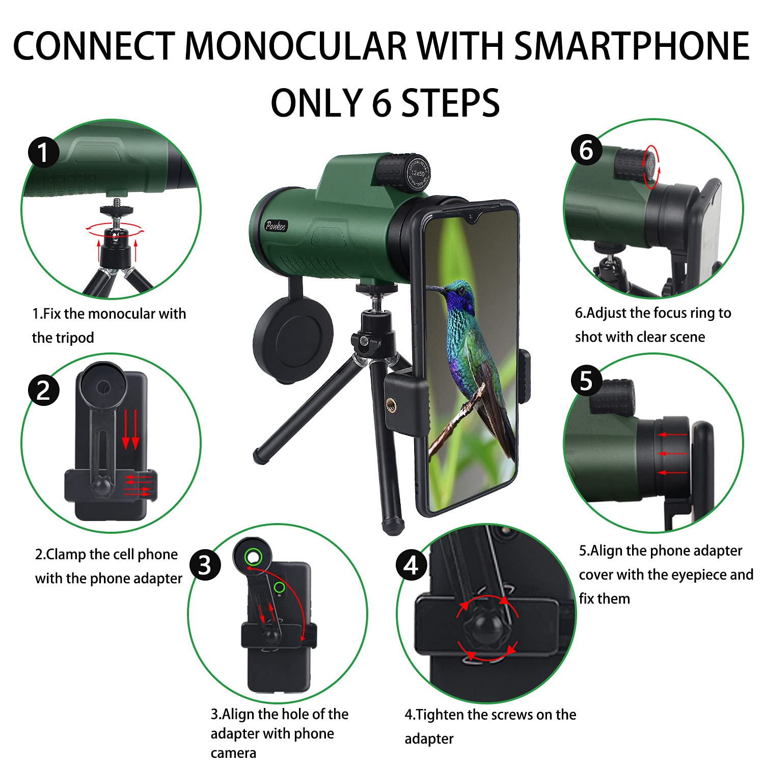 Pankoofamily 12X50 Hd Monocular High Power Monocular Telescope For Adults, Monoculars For Wildlife Bird Watching Hunting Camping Travel Scenery With Smartphone Holder & Tripod
