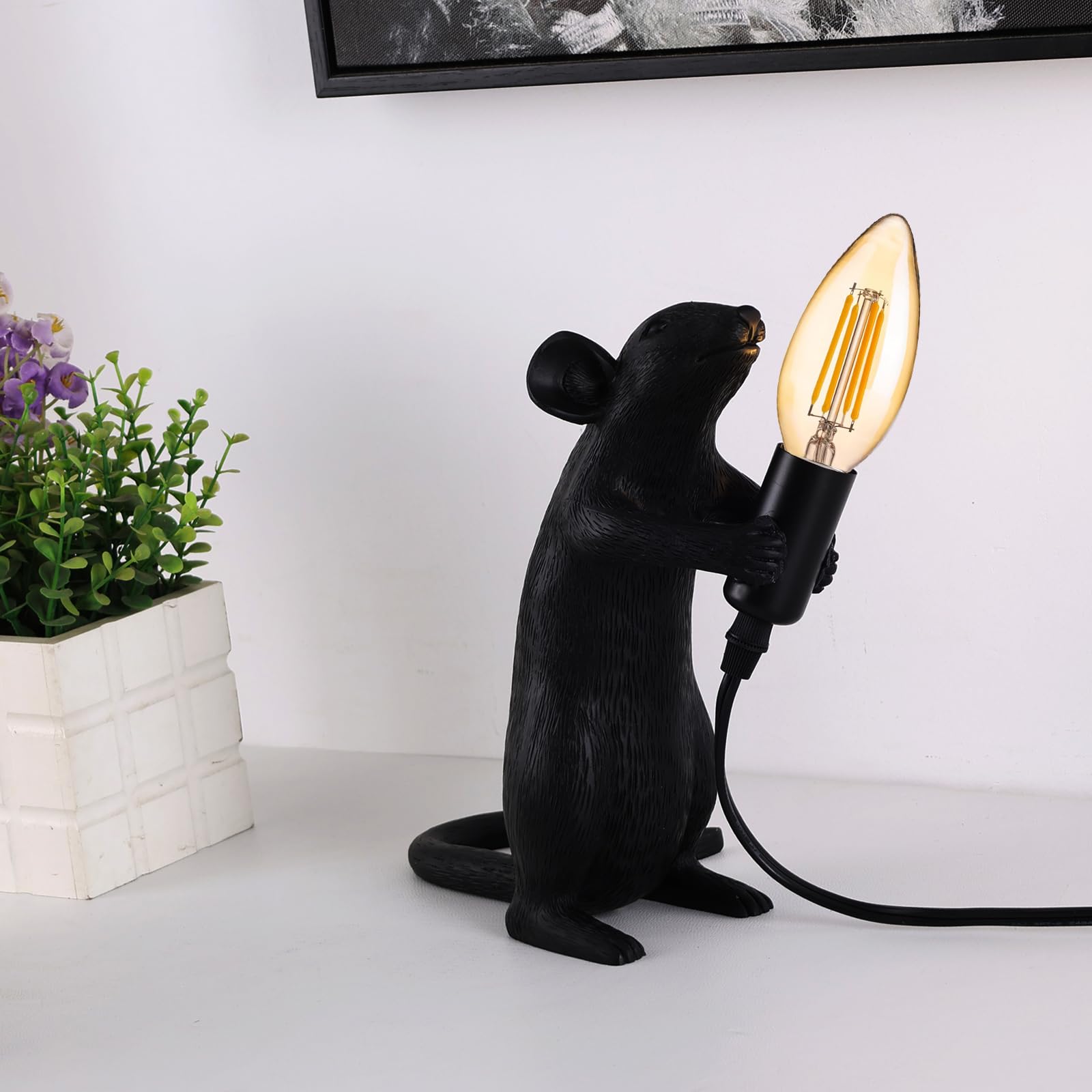 Jorunhe Resin Mouse Table Lamp,Large Mouse Animal Desk Light, Creative Desk Lamp Lighting Fixture For Living Room, Bedroom, Office, And College Dorm Decor (Black)